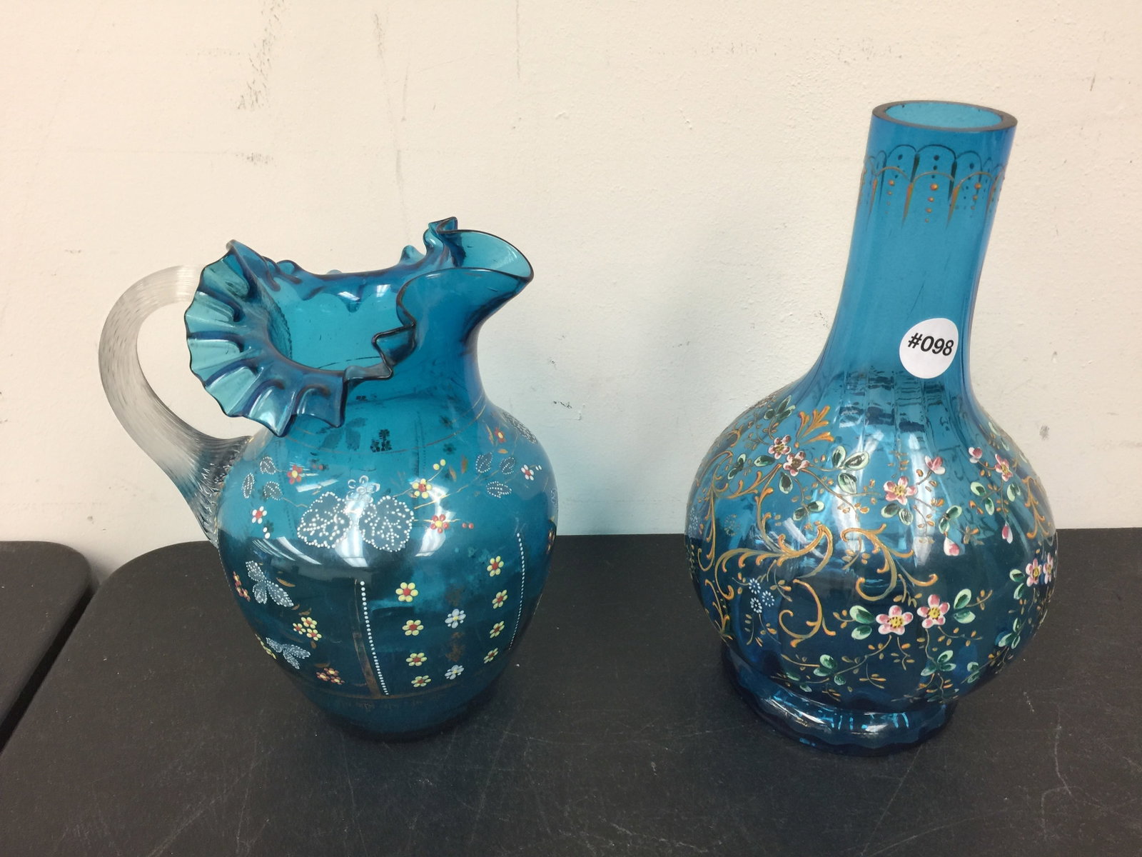 Victorian Enamel Blue Glass (2): largest 11.5".