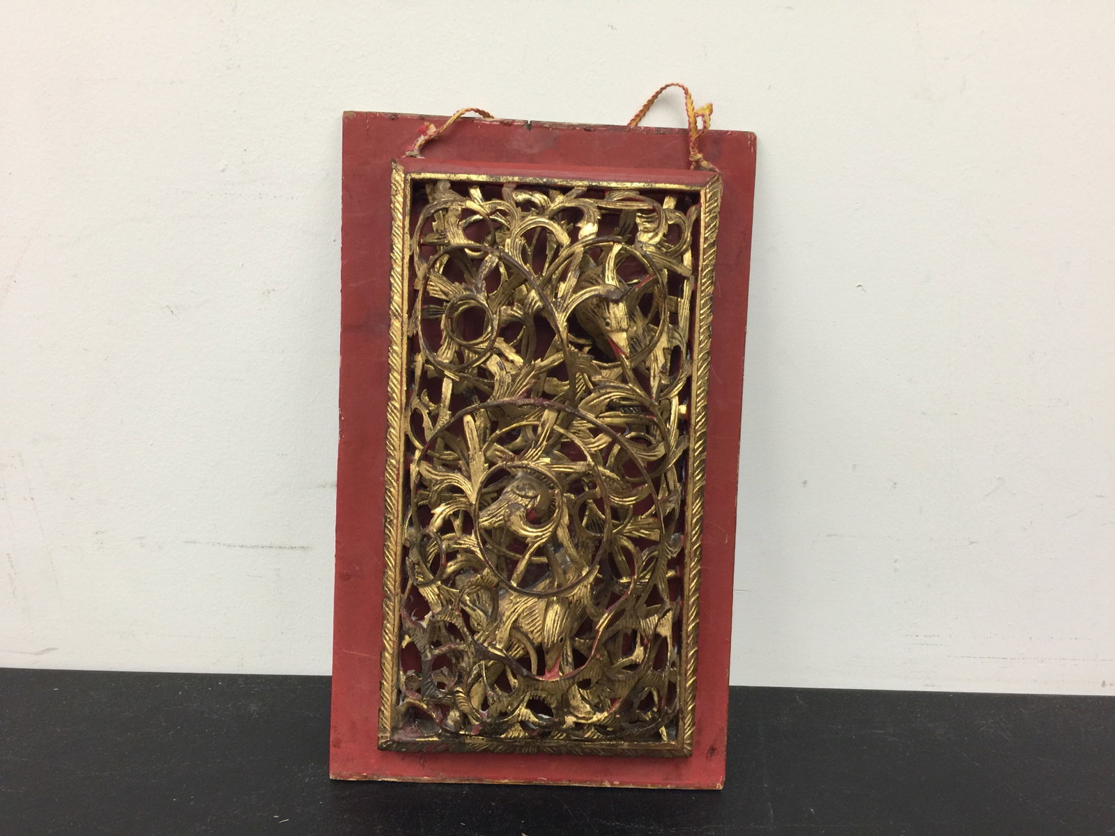 Antique Chinese High Relief Carving: 13"x8" with gold gilt and bird carvings.