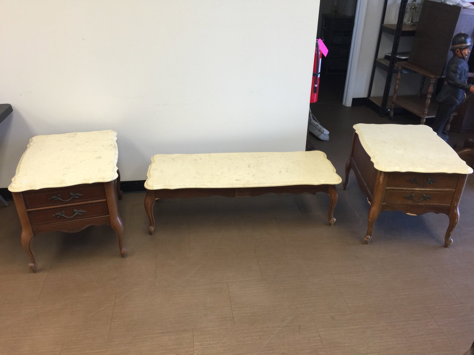 Bassett French Marble Top Set (3): coffee table, 50"x20"x15".