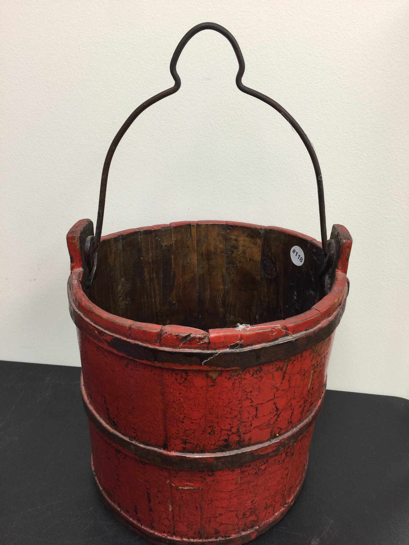 Antique Red Bucket: Has original iron works. Bucket 11" x 12".