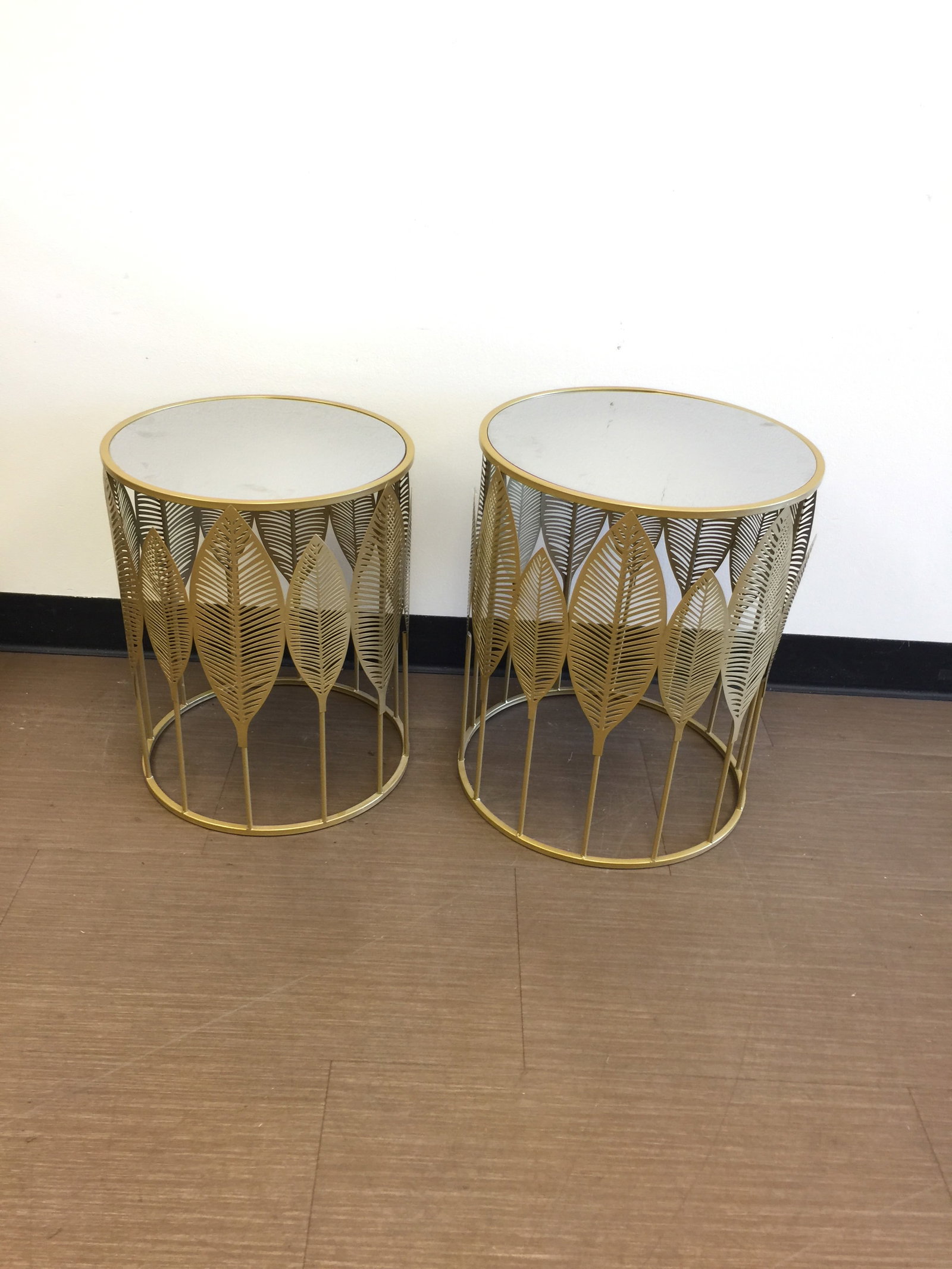 Pair of Gold Leaf Accent Tables: taller is 20" x 16", smaller is 19" x 15", both with mirror tops