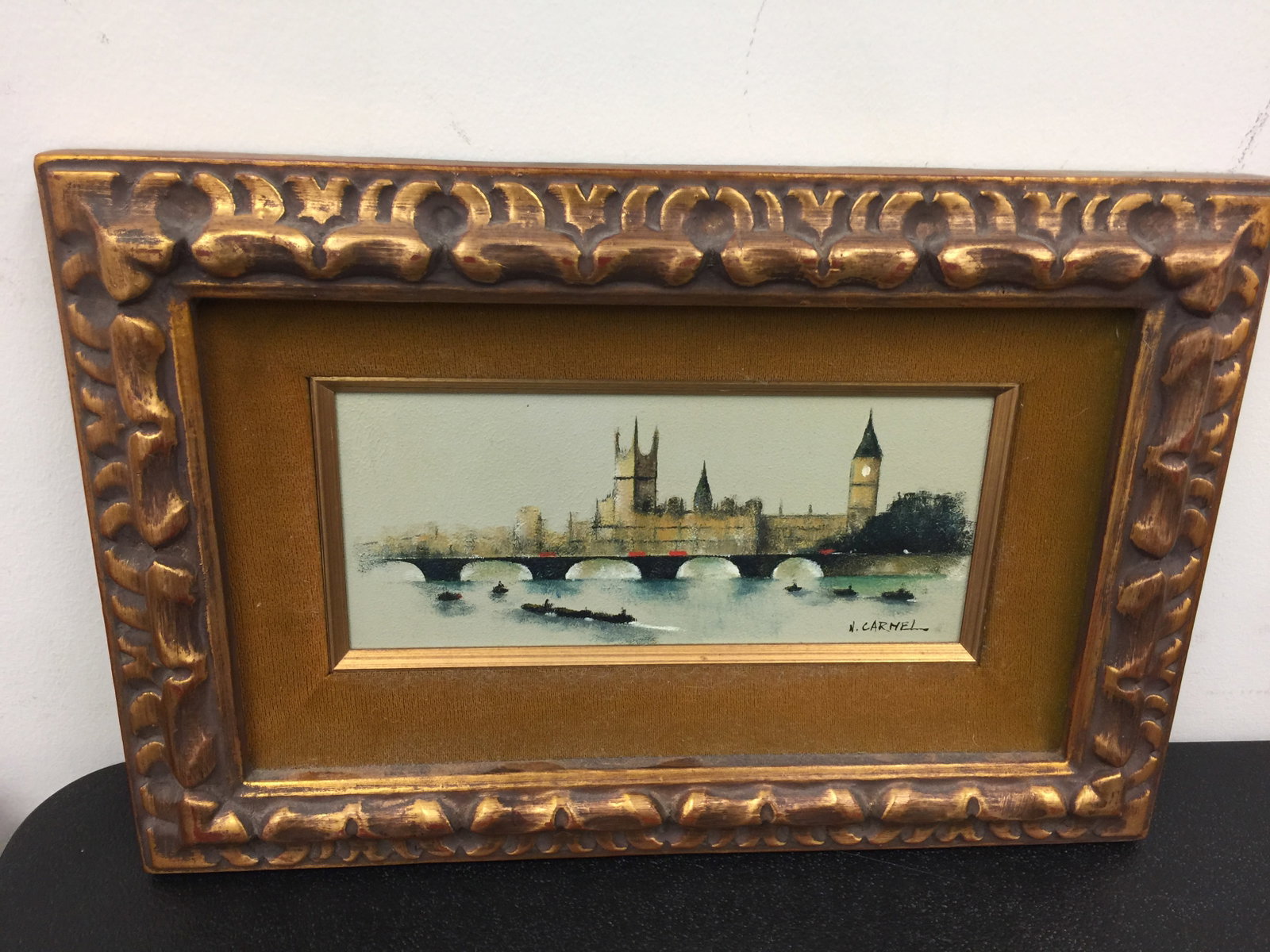 Signed London Cityscape: "N. Carmel", on board, frame, 14"x10".