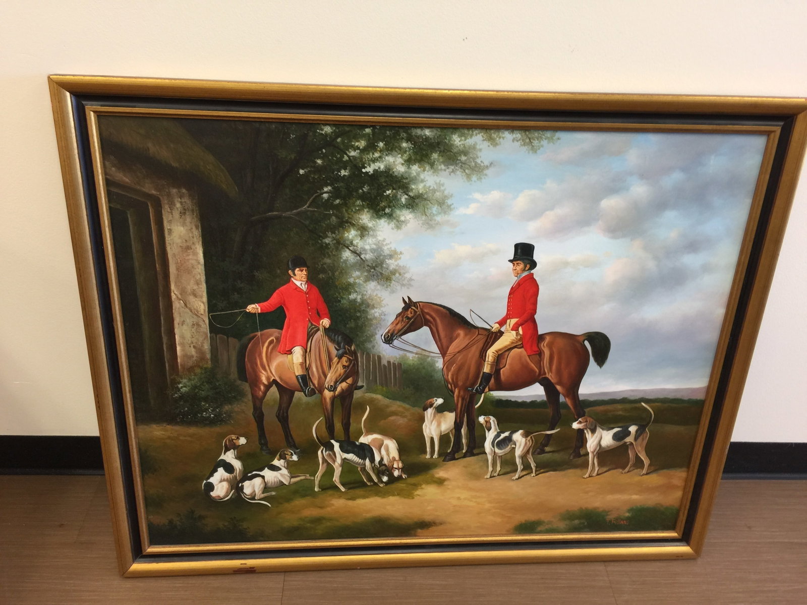 Signed Oil on Canvas Hunt Scene: SLR, "T.Fillans", frame 43"x35".