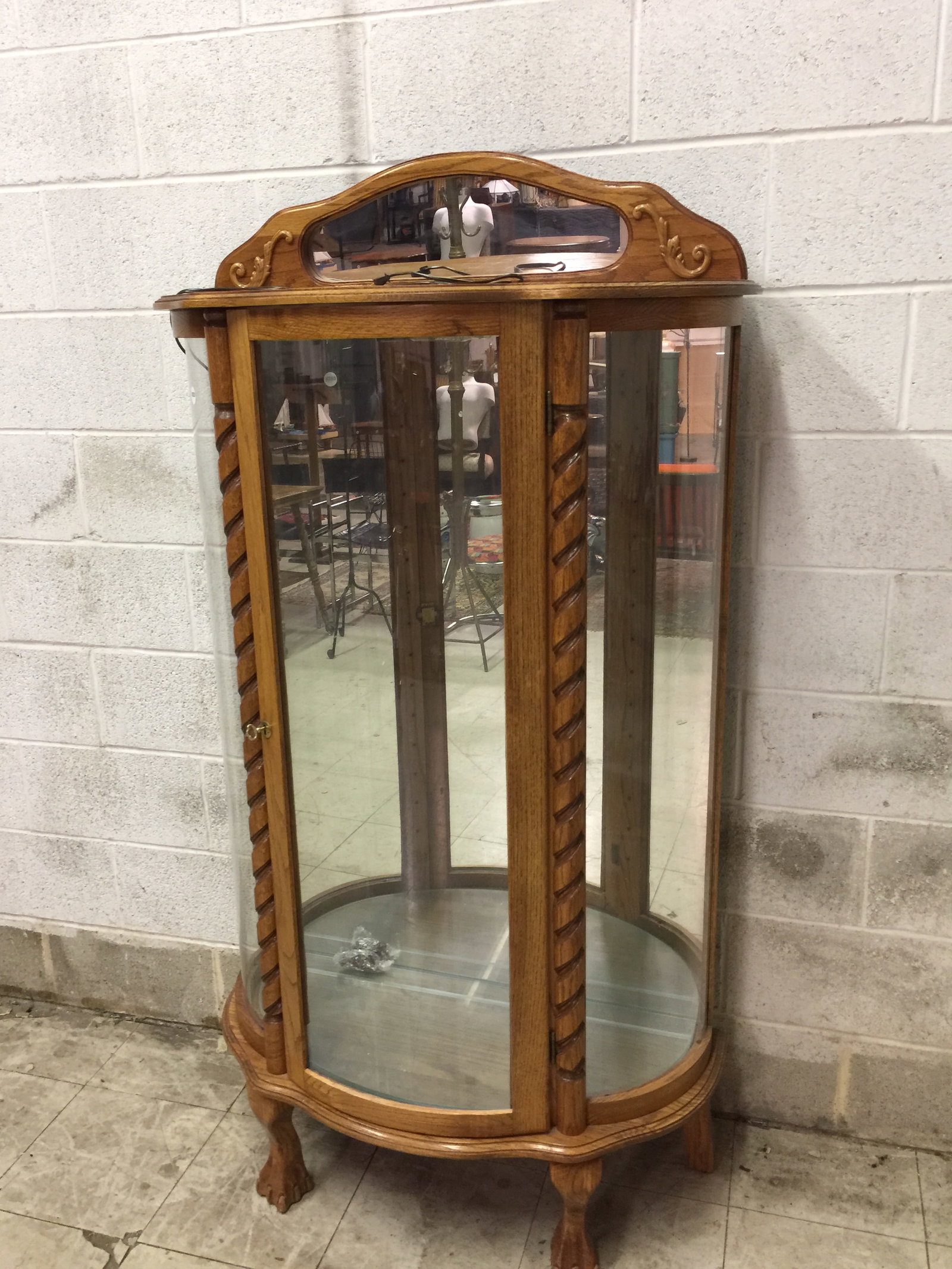 Oak Mirrored Back China Closet: serpentine design, 35"x16"x64".