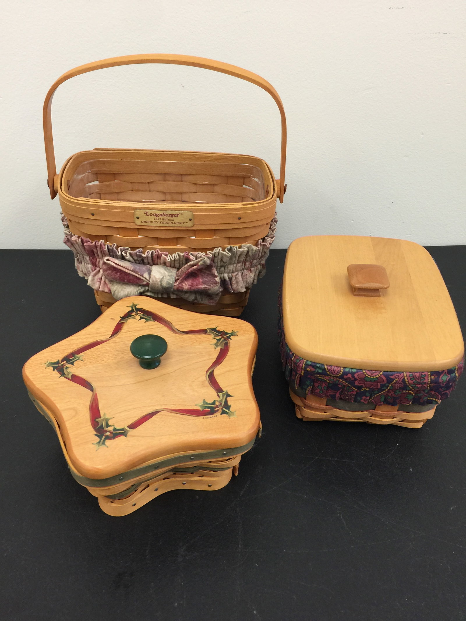 Longaberger Baskets (3): one has rolodex insert, largest, 12"H with handle up.