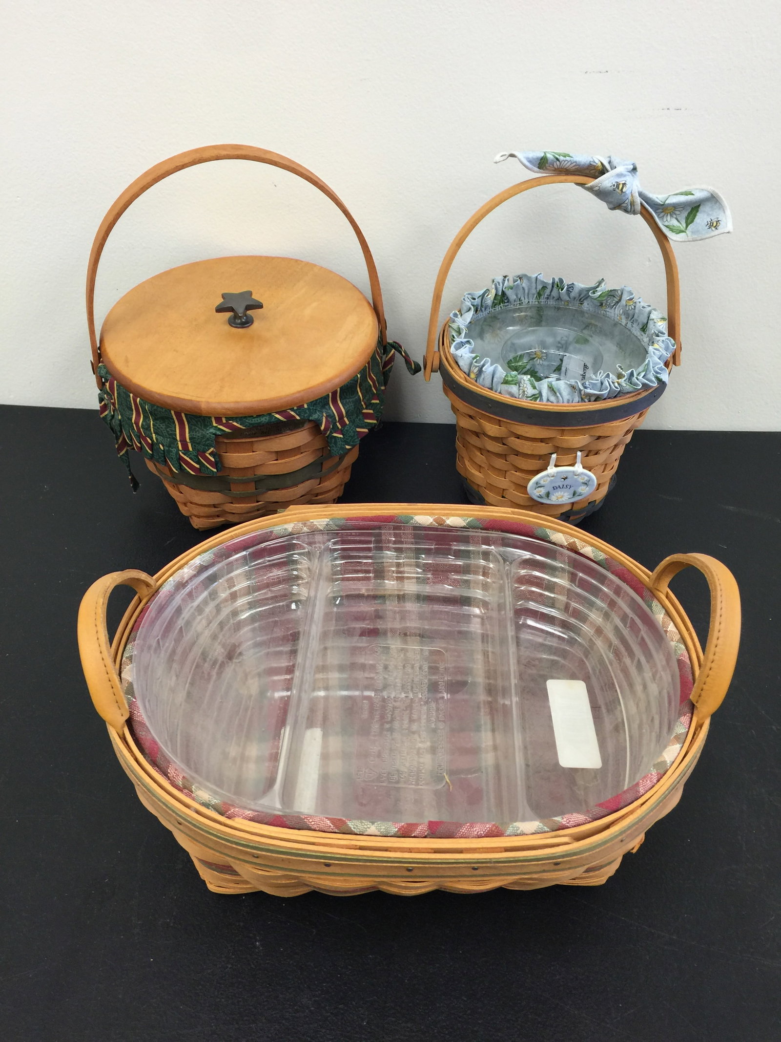 Longaberger Baskets (3): 1994 jingle bell basket plus. largest, 12"H.