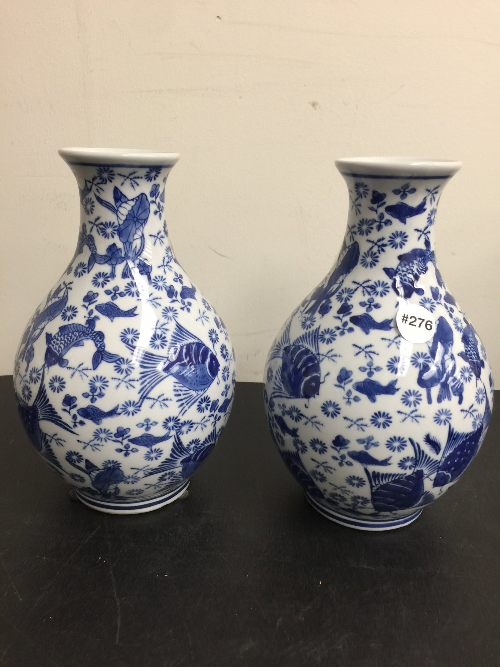 Chinoiserie Style Blue on White Vase: fish design, 10"H.