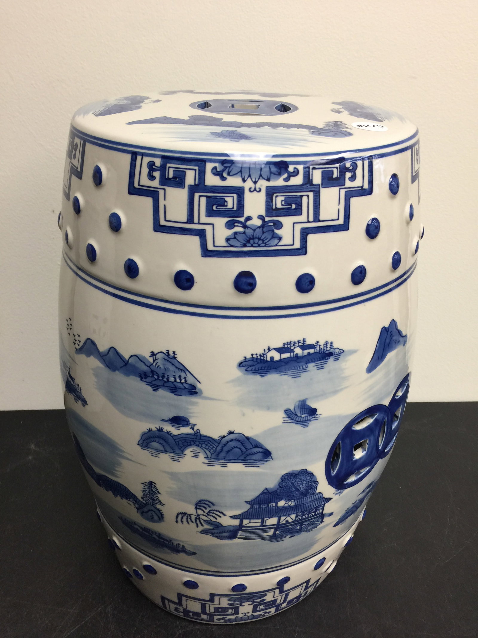Safavieh Asian Garden Stool: signed on base, landscape scene, 18"H.