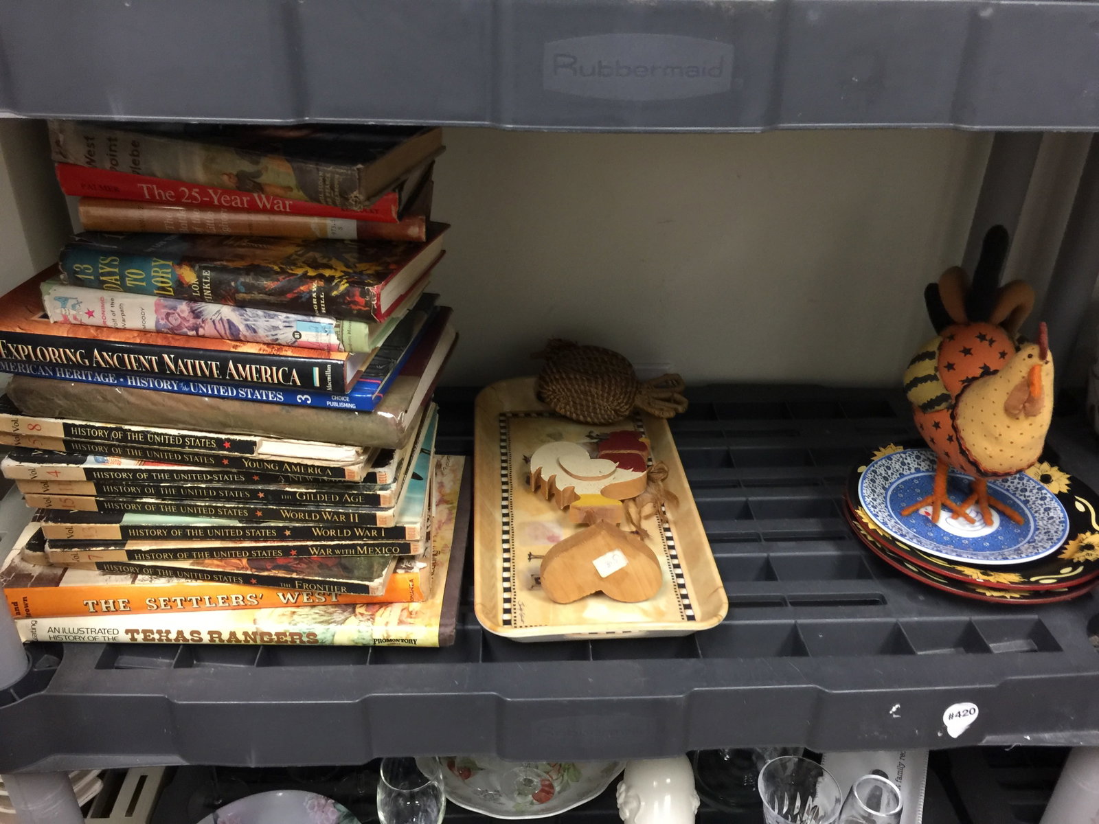 Books & Decoratives: Includes vintage books and decorative chicken decor.
