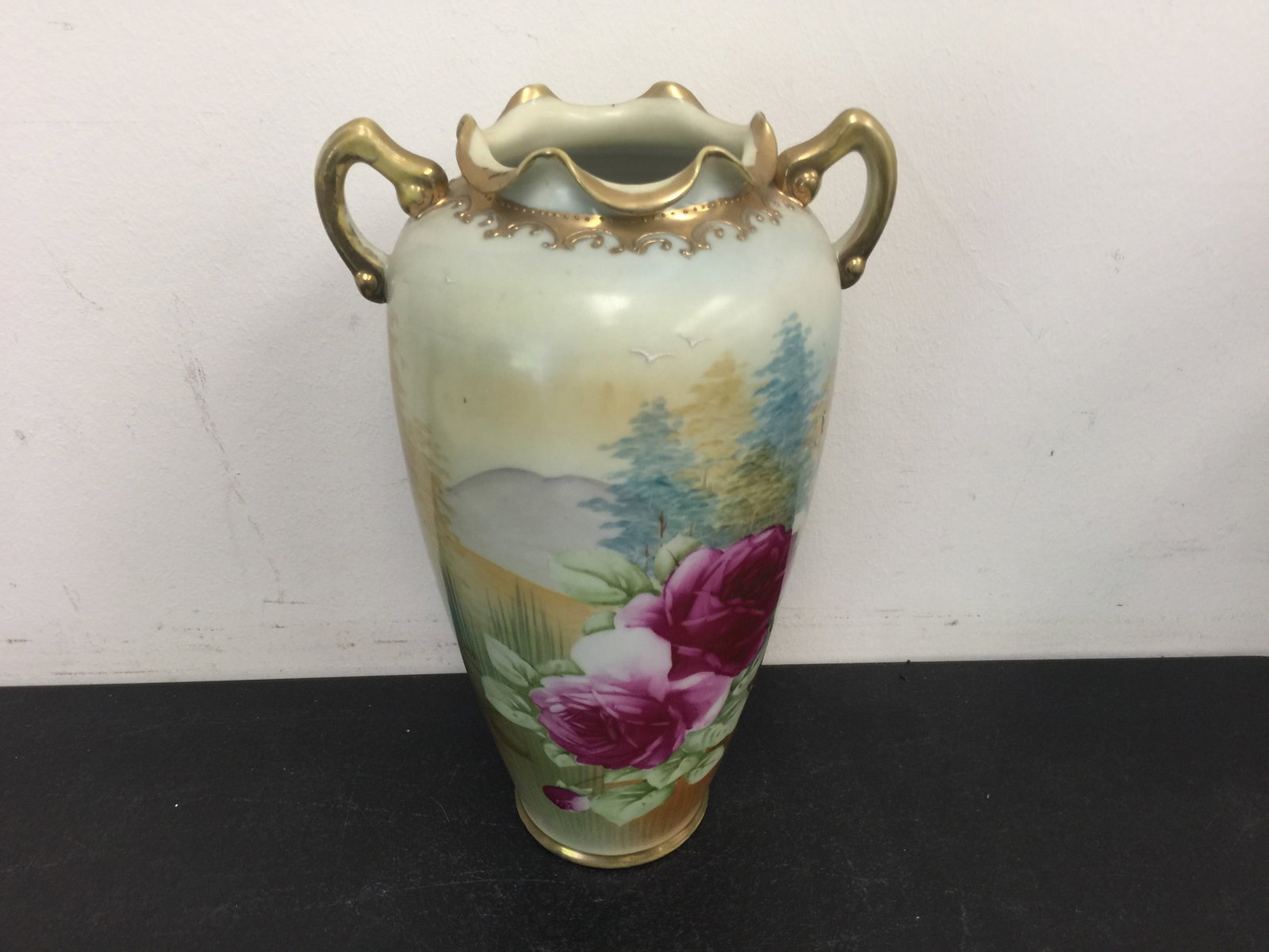 Nippon Vase: hand painted roses, landscape and enamel raised birds, 11"H.