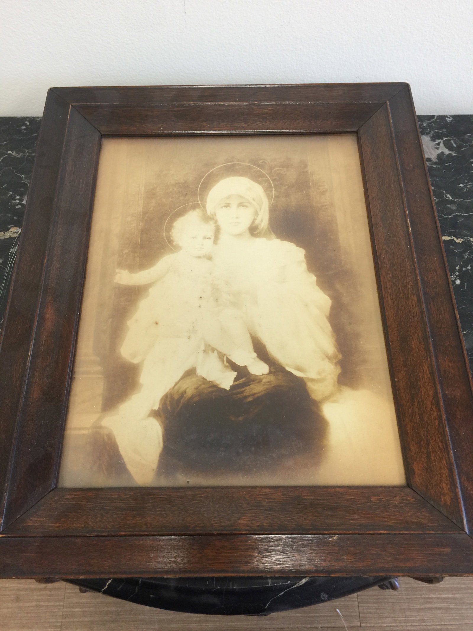 Madonna & Child Print: In antique 13" x 16" frame.