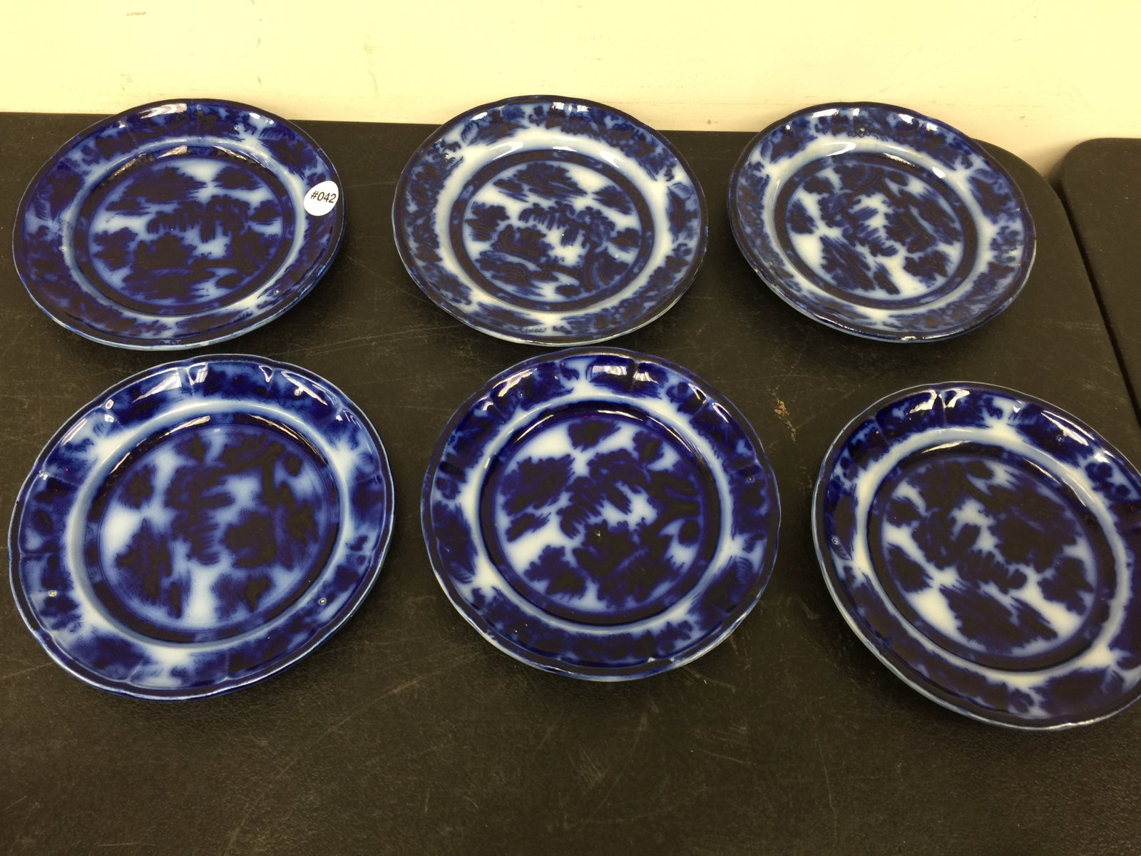 6 Flow Blue Plates: 8" round