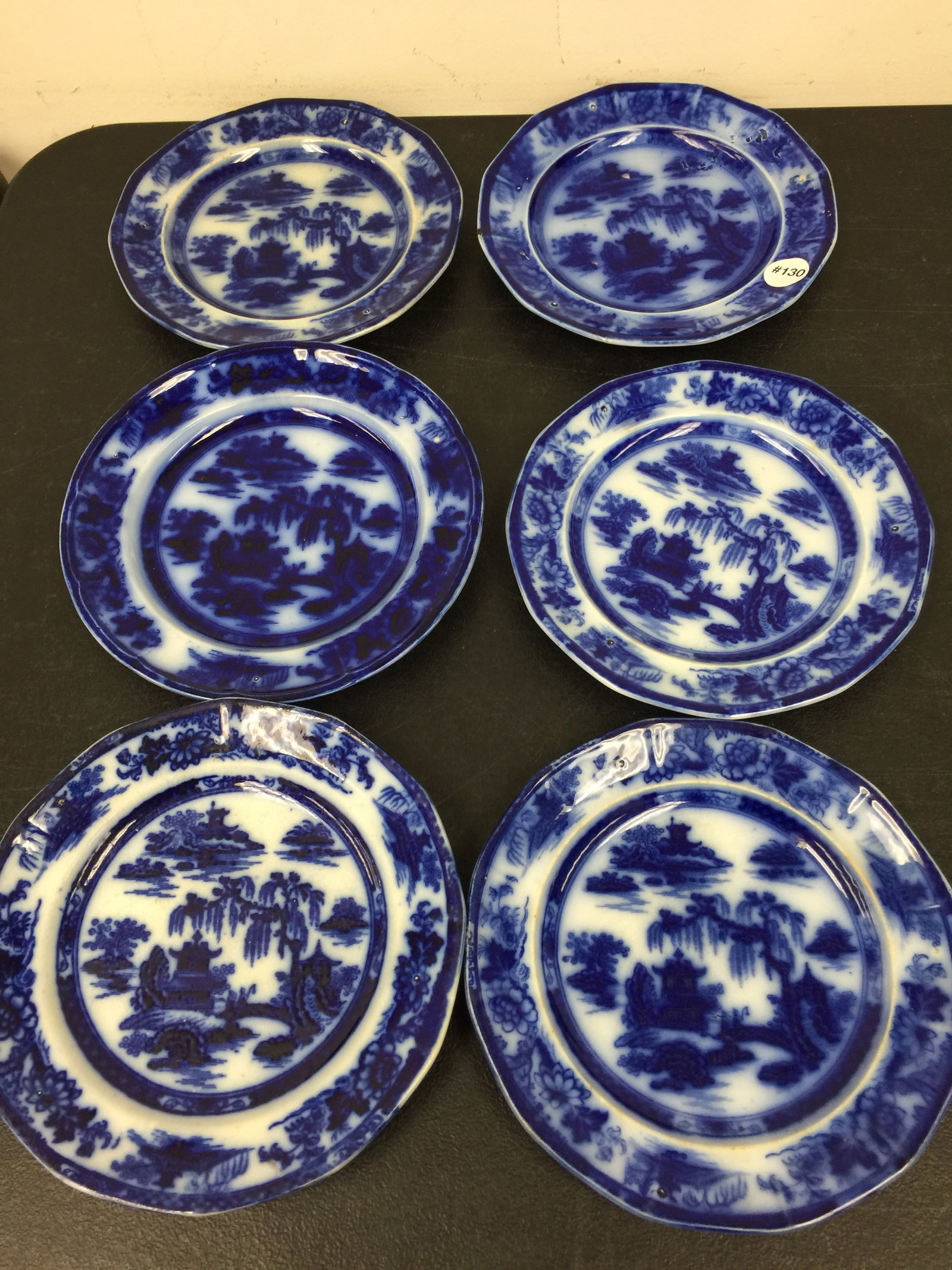6 Flow Blue Manilla Plates: 8.5" W.