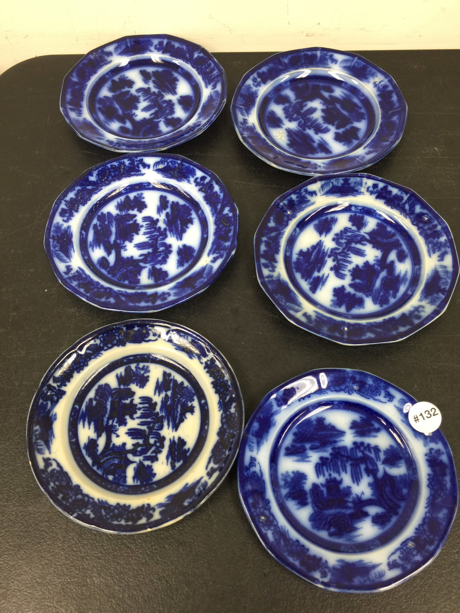 6 Flow Blue Manilla Plates: 2 are 7.25", other 4 are 7.5".