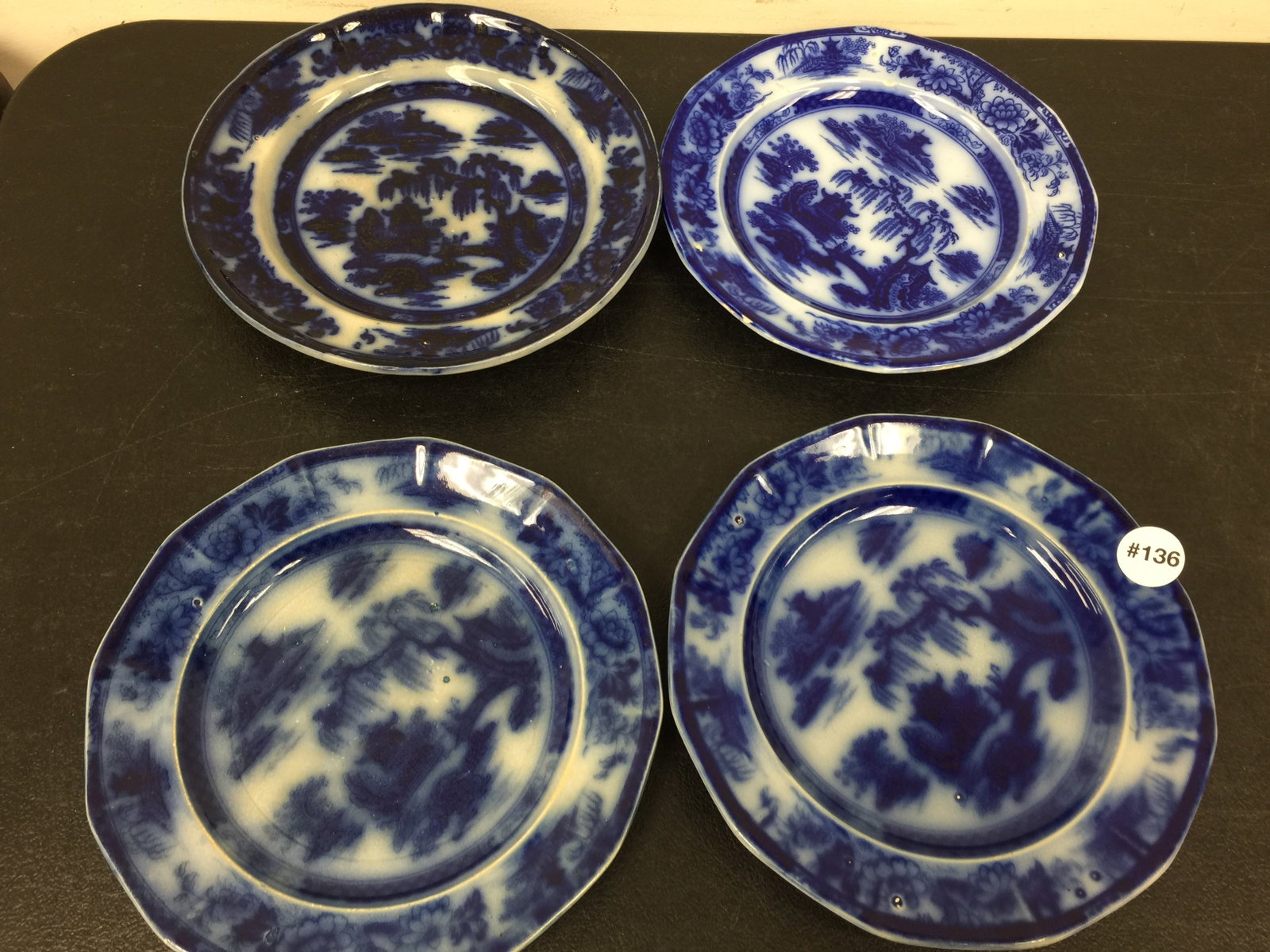 4 Flow Blue Manilla Plates: Largest 9".