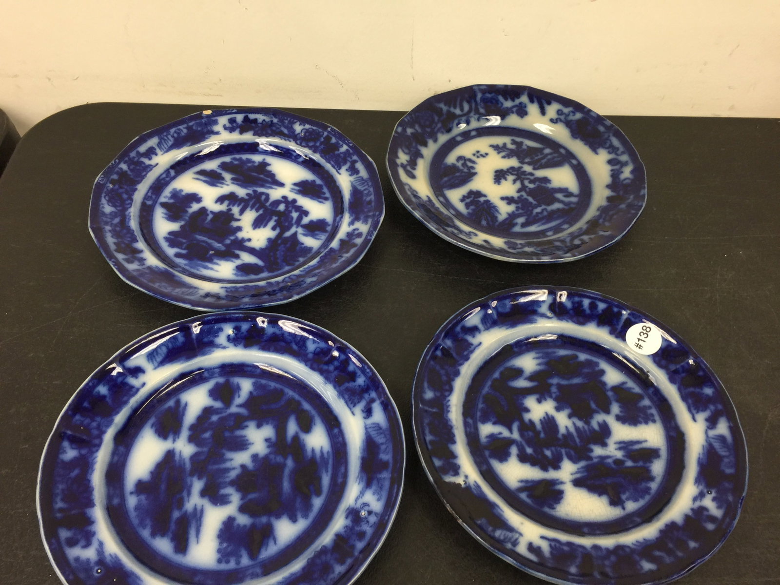 4 Flow Blue Manilla Plates: 9.5" W.