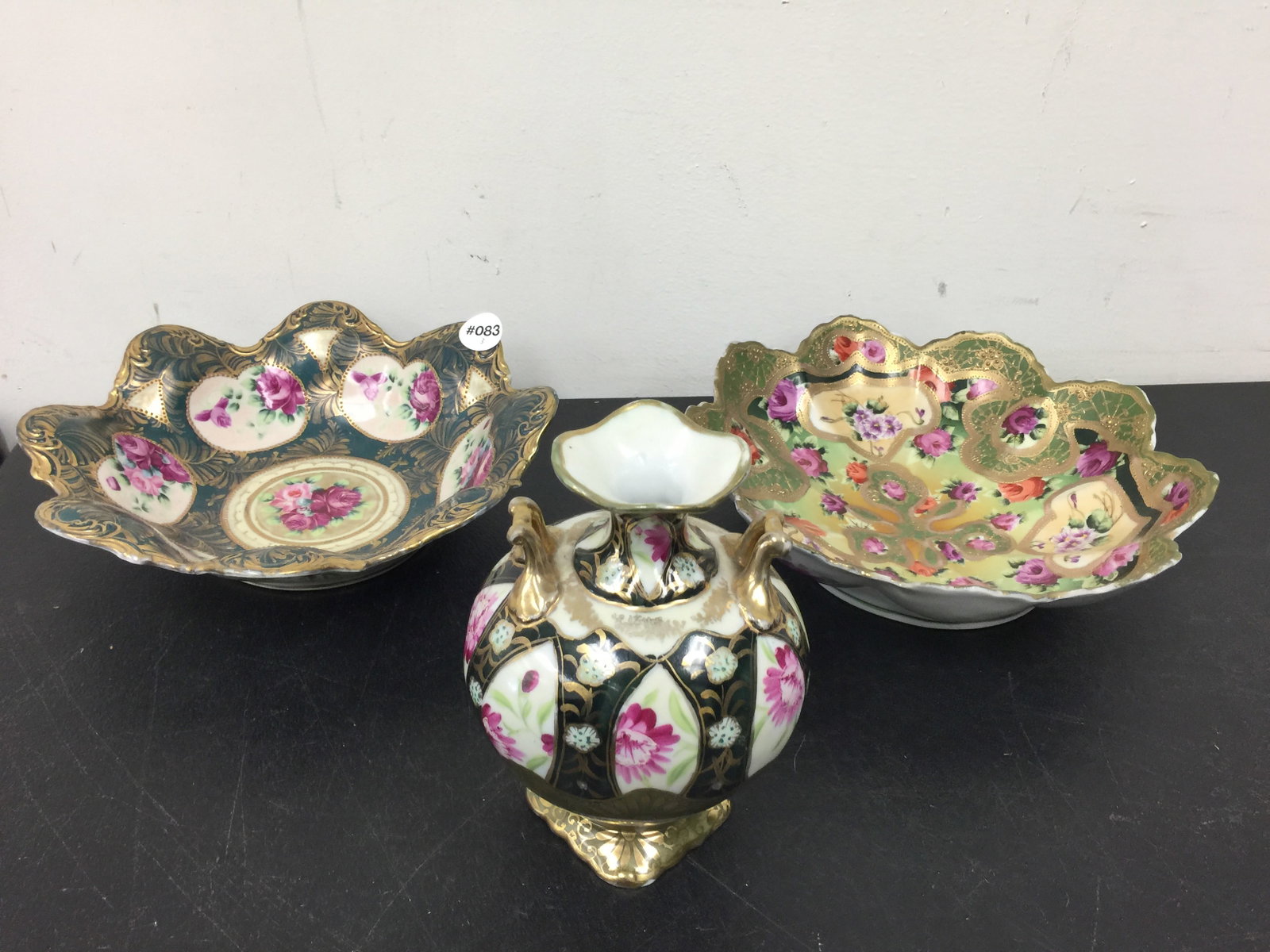 Nippon Lot (3): two bowls and a vase, gold encrusted, largest, 10"W.