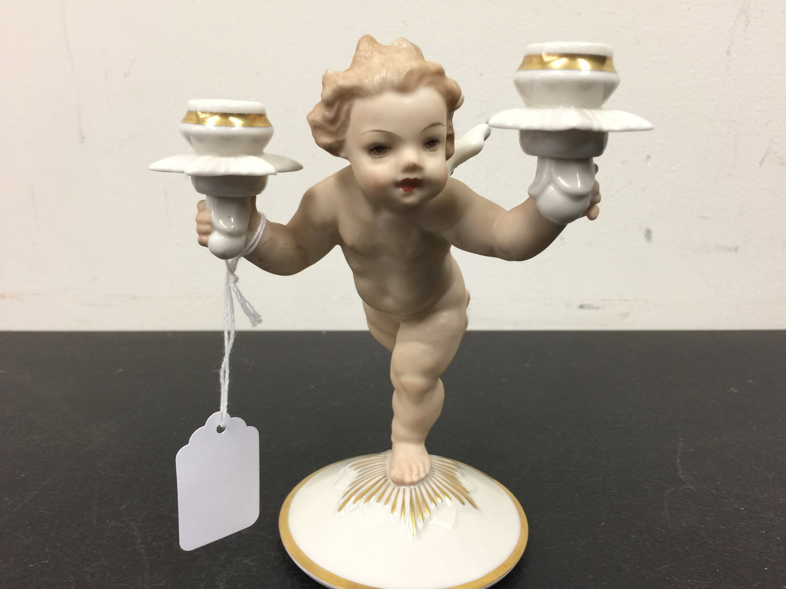 Hutschenreuther Porcelain Cherub Candle Holder: signed, 7"H.