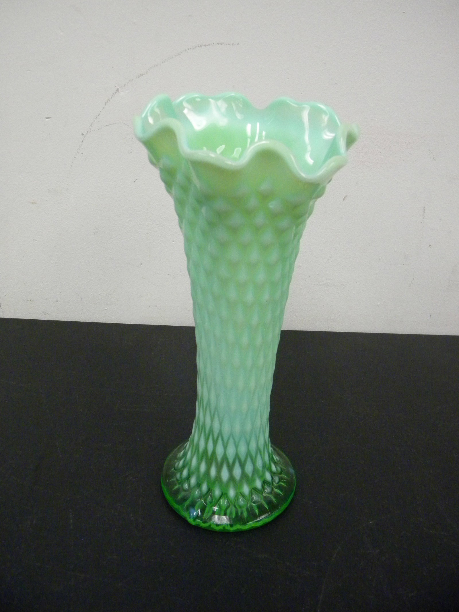 Opalescent Green Diamond Point Vase: 10".