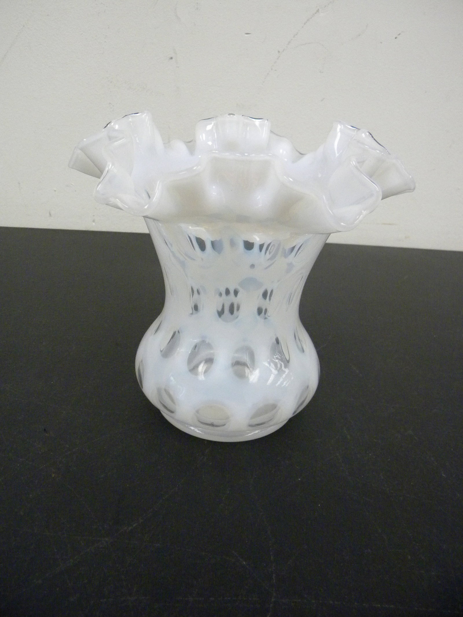 Opalescent Coin Dot Vase: ruffled edges, 6.5"H.