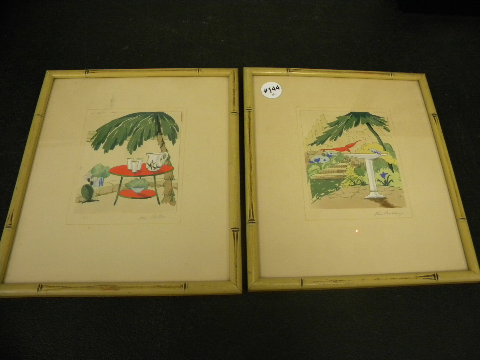 Pair Signed Artwork (2): unsigned, one titled "the patio" and other "the rockery" in pencil. frames, 9.5"x11".