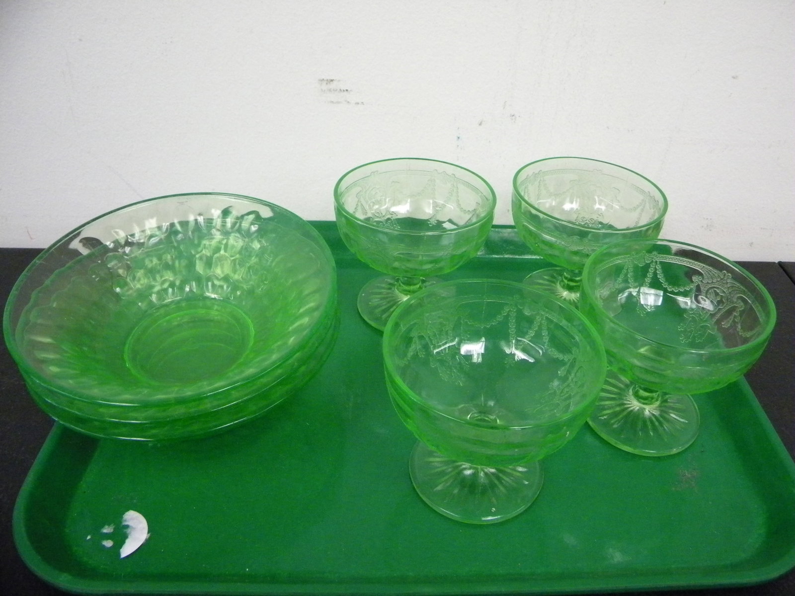 Uranium Depression Glass (7): three bowls and four ballerina glasses. bowls 5".