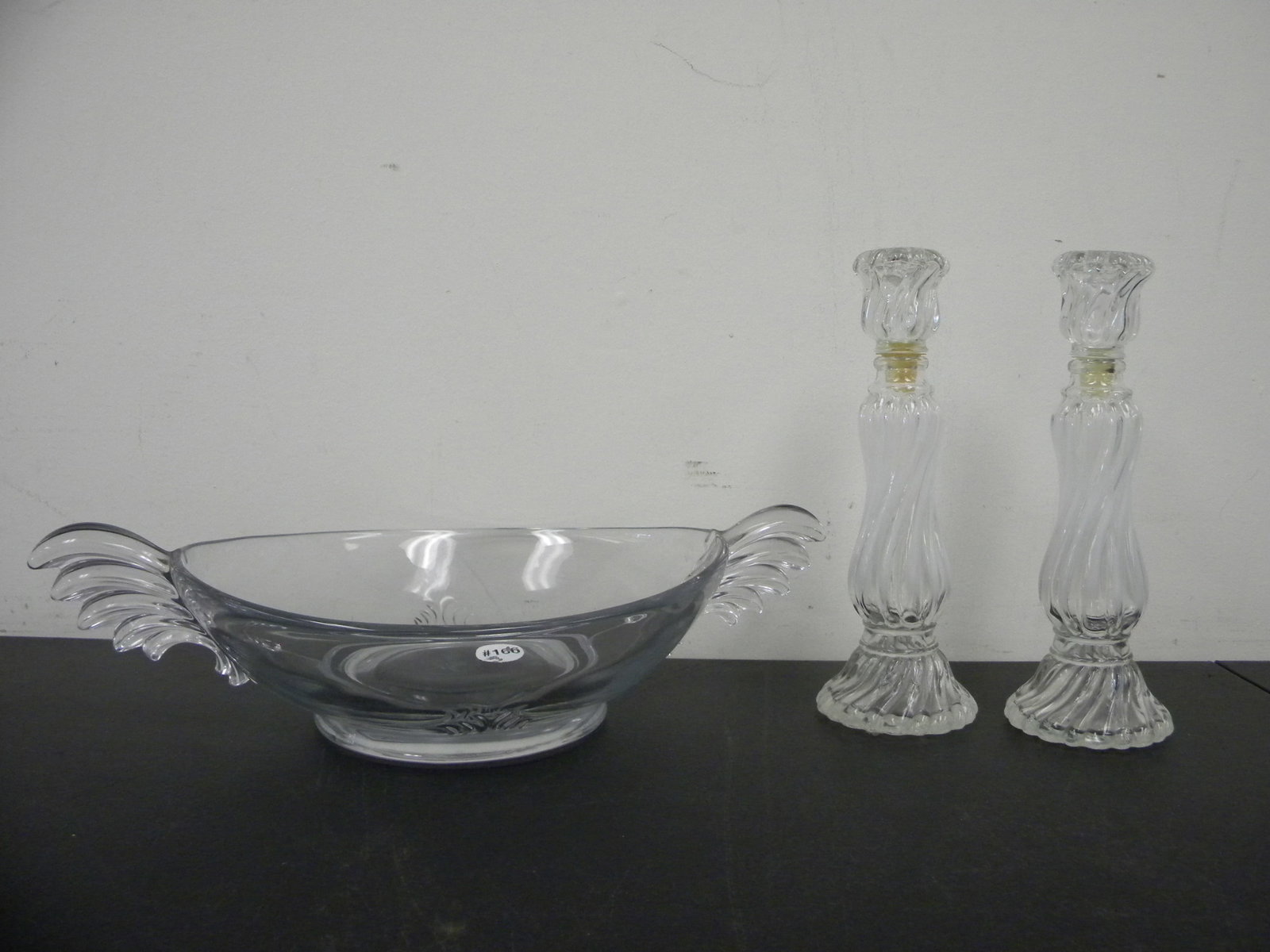 Glass Lot: fostoria winged dish and opalescent candlesticks. Largest 16".