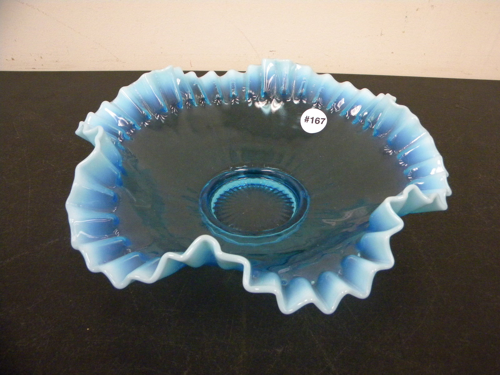 Fenton Opalescent Center Bowl: 11.75" with ruffle edges.