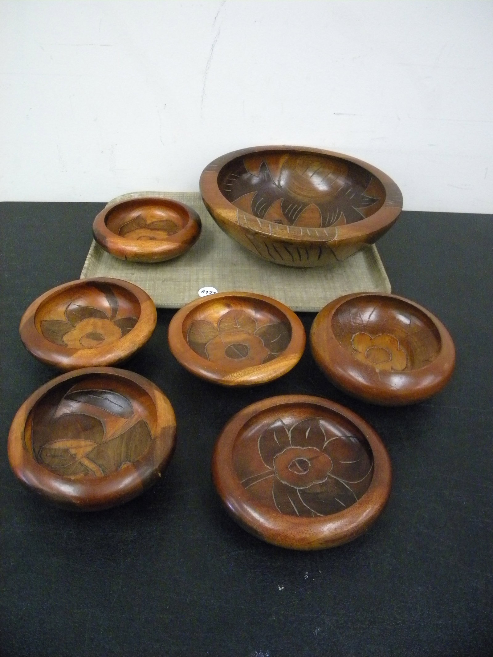 MCM Inlay Salad Bowl Set: six matching bowls, largest, 10"W.