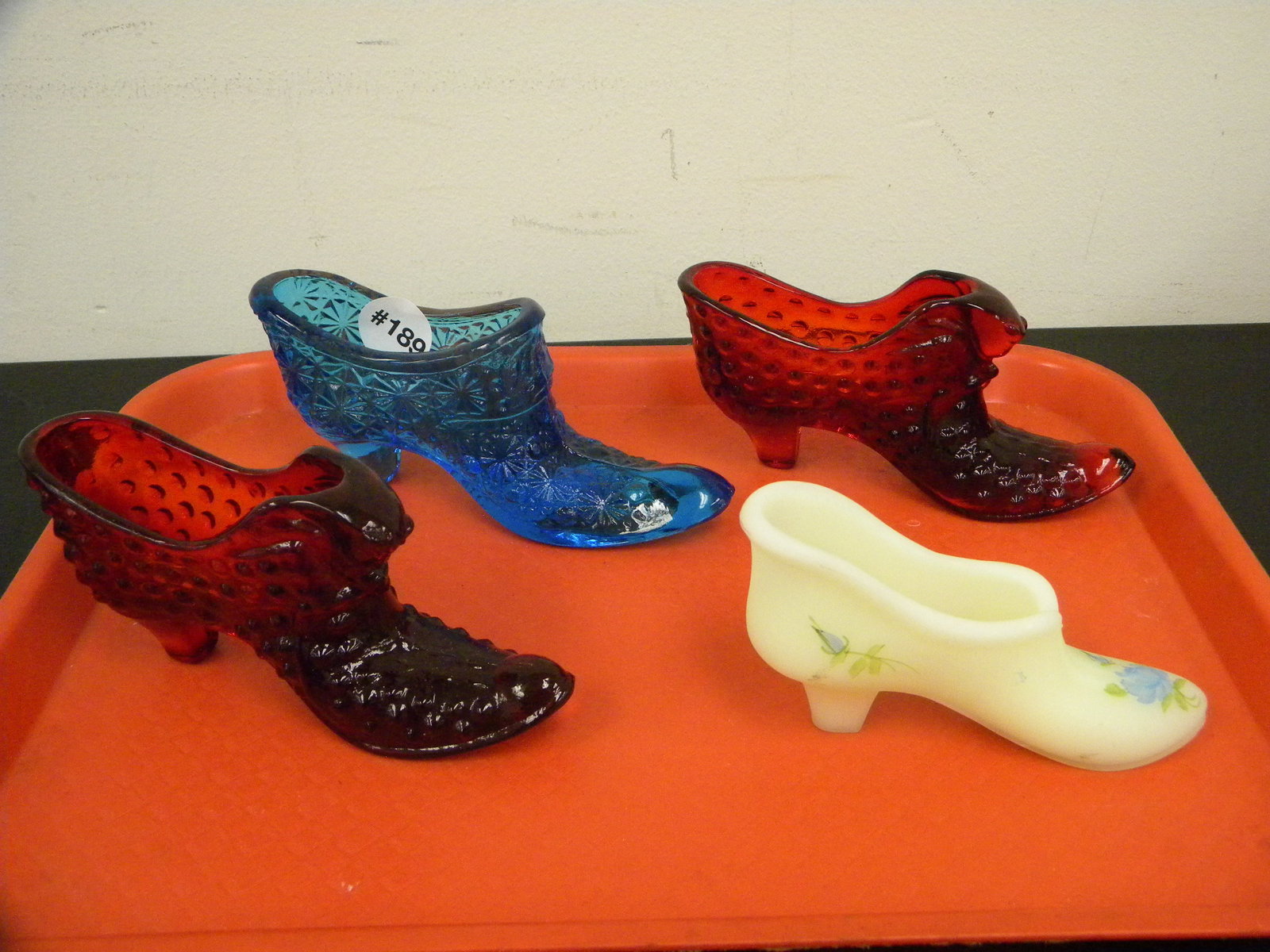 Fenton Art Glass Shoes (4): one artist signed, 5.5"L.