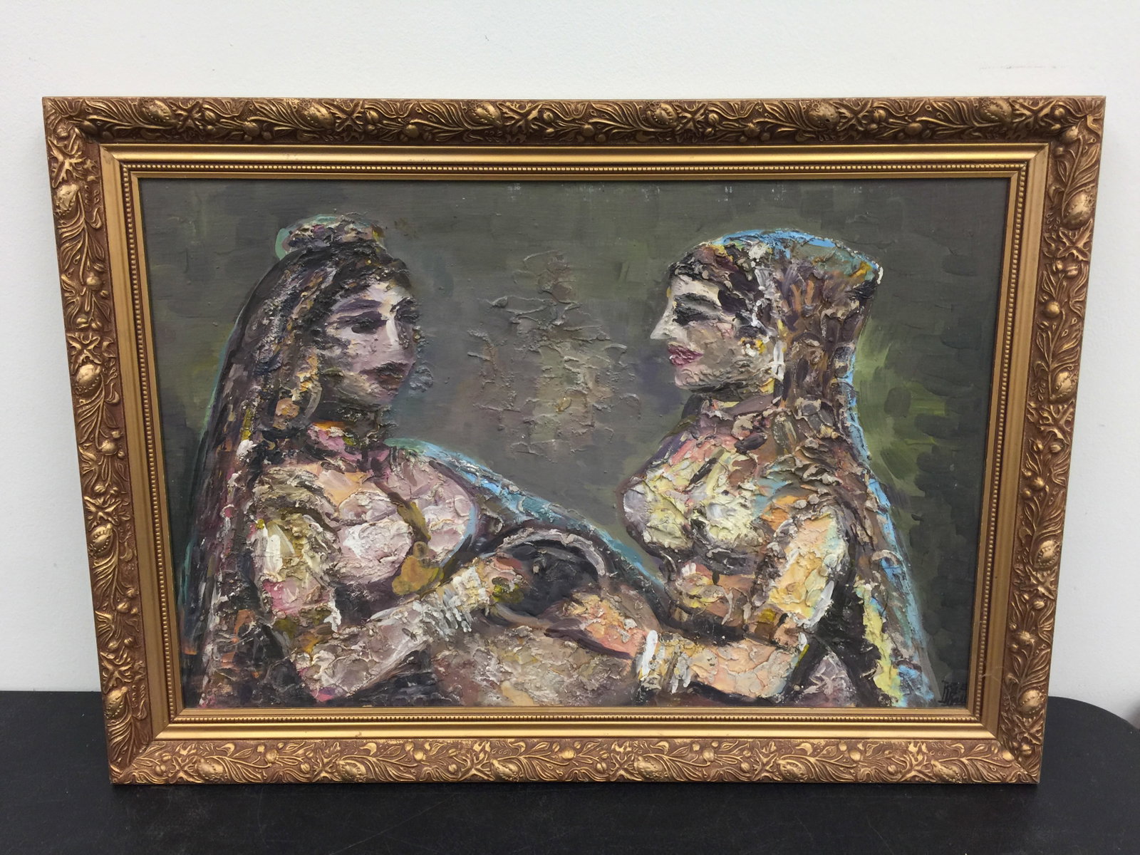 Signed MCM Expressionistic Oil Painting: SLR Ball?, gilt wood frame is 33" x 23", exposed is 23" x 13", heavily textured on board