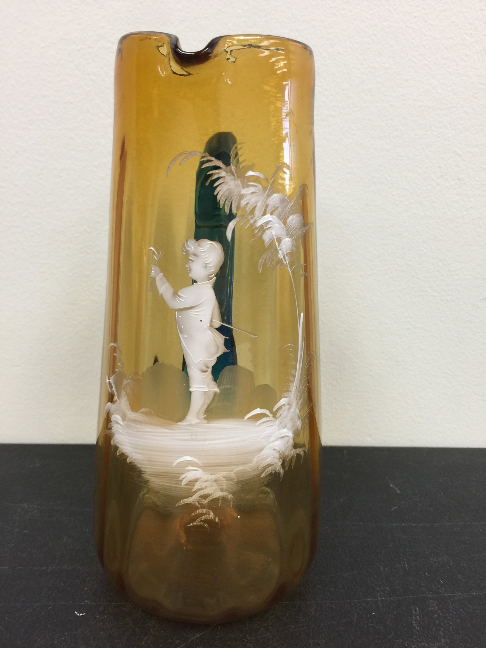 Mary Gregory Pitcher: amber with turquoise handle, 9 1/2' x 5 1/2"