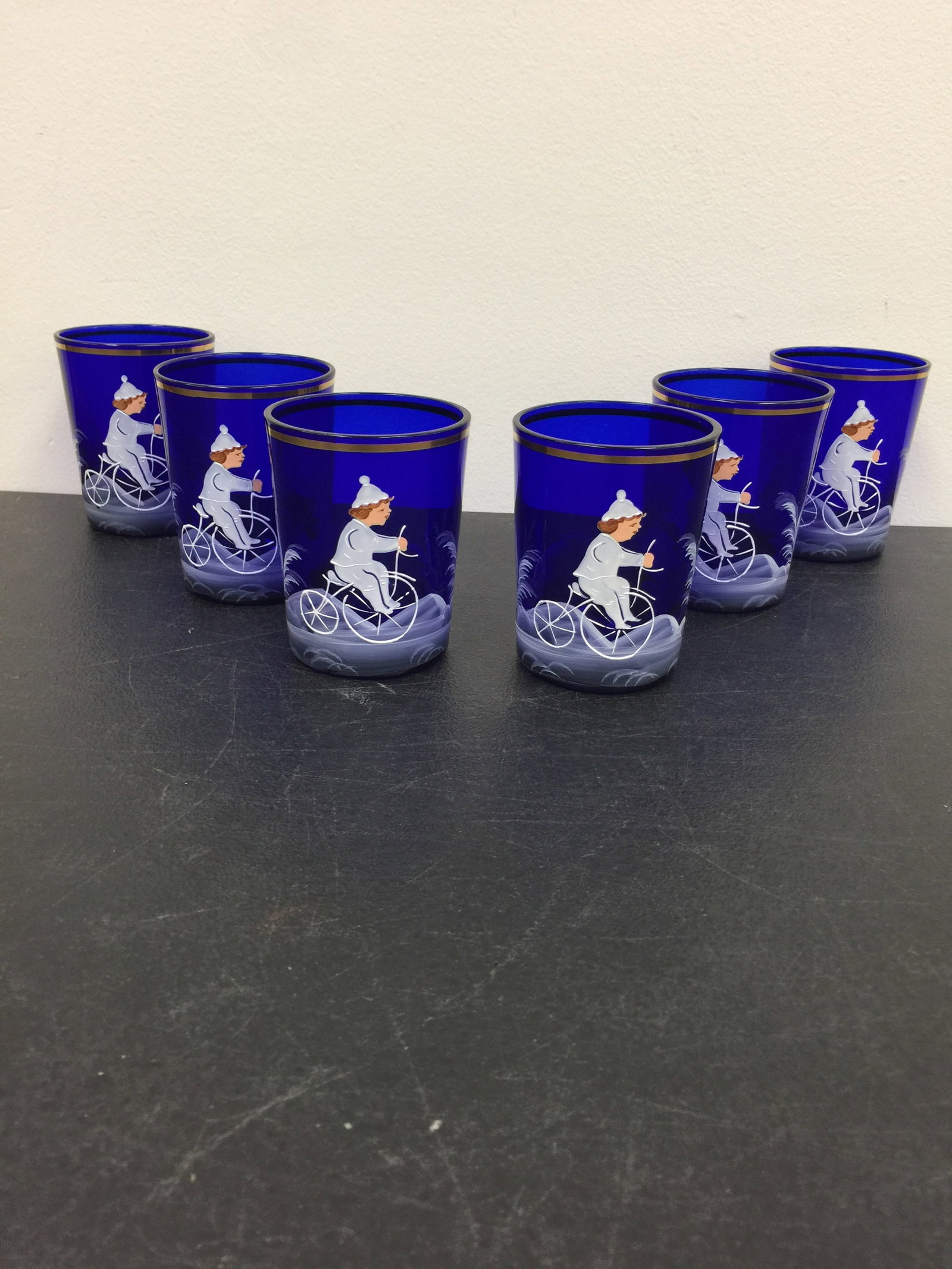 Set of Six Mary Gregory Tumblers: cobalt, 3 1/2" x 3"