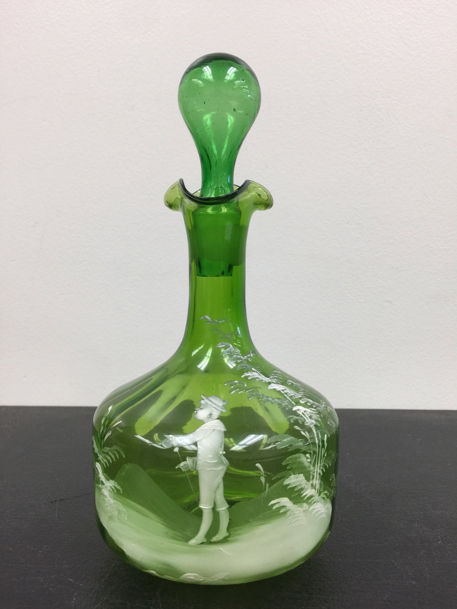 Mary Gregory Decanter: green, 10" x 5"
