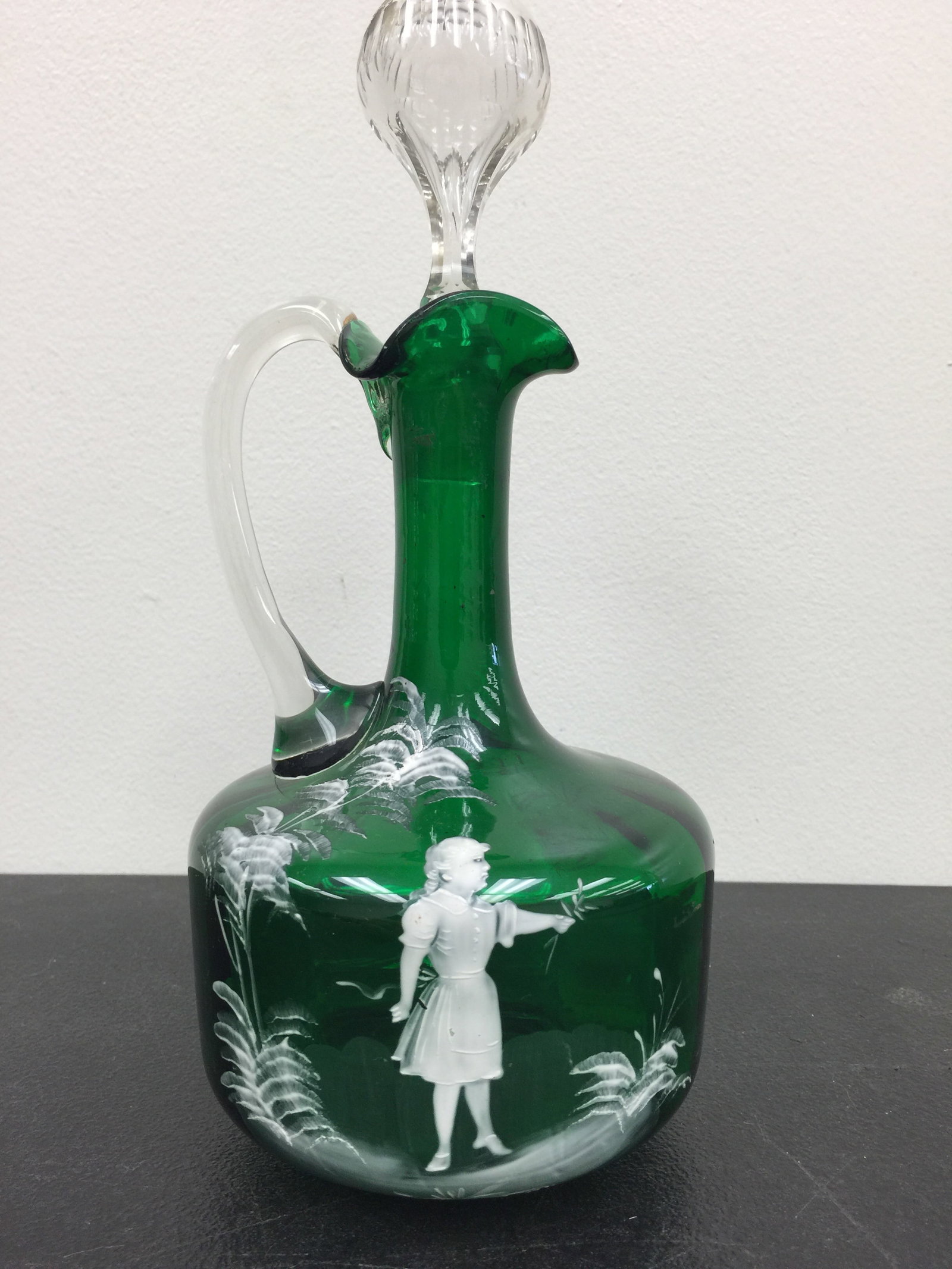 Mary Gregory Ewer: green, 10" x 4 1/2"