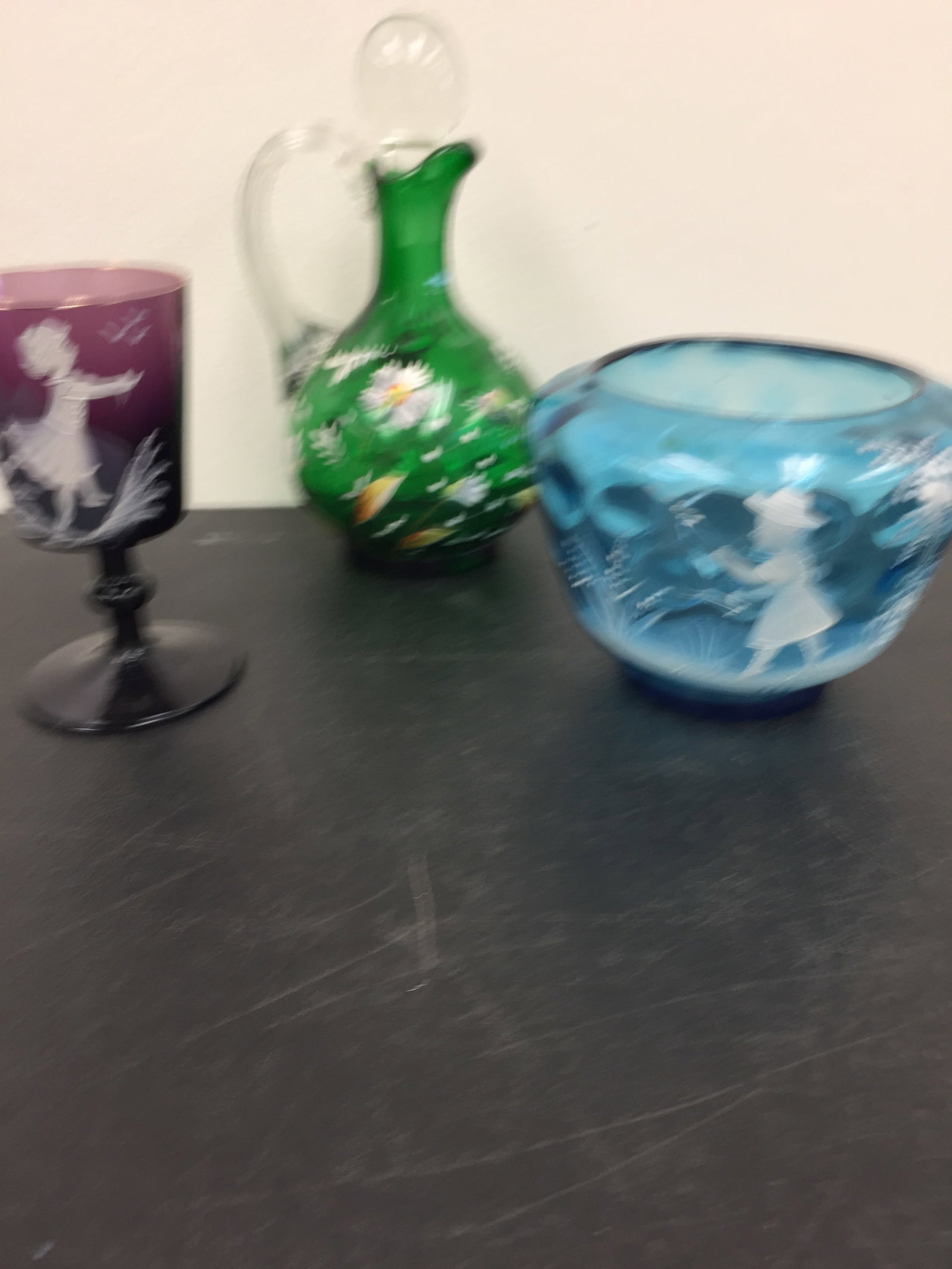 Mary Gregory Glass: 3 pieces includes green enamel ewer 7 1/2" x 4", blue bowl and purple glass