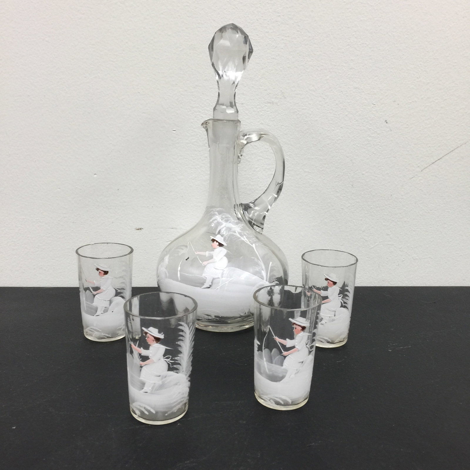 Mary Gregory Decanter with 4 Cordials: clear glass, decanter is 9 1/2" x 4", matching cordials are 2 3/4"