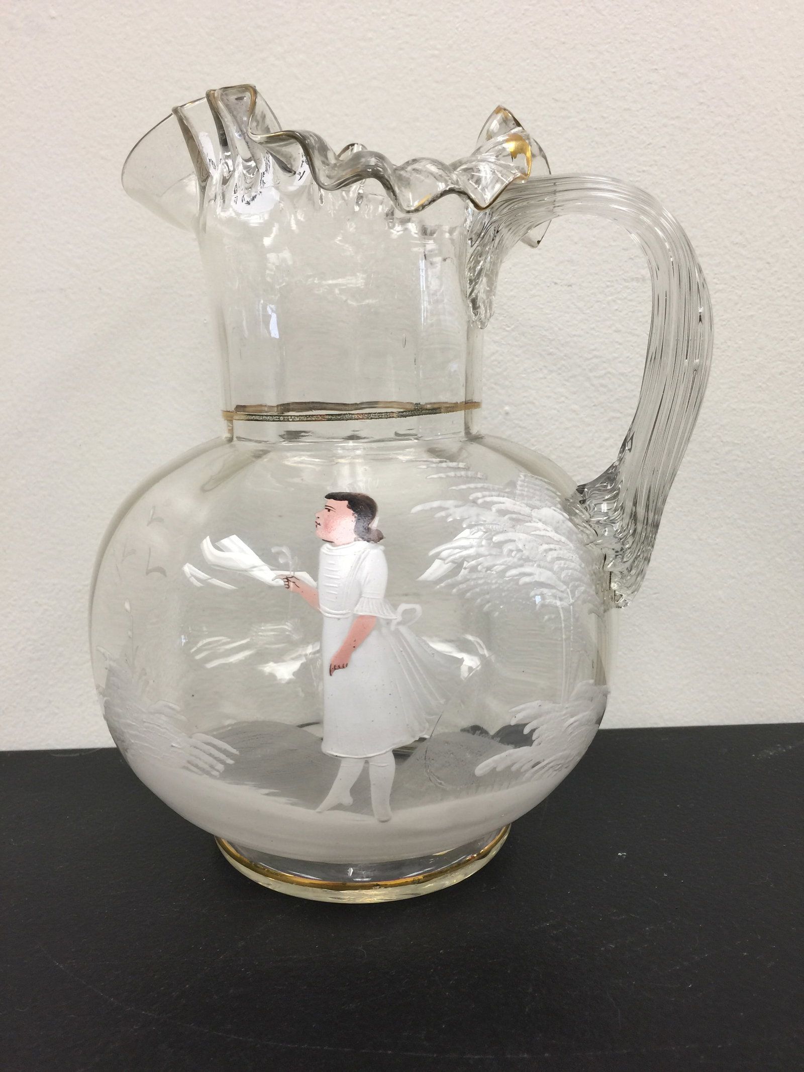 Mary Gregory Pitcher: clear glass, 9 1/2" x 7"