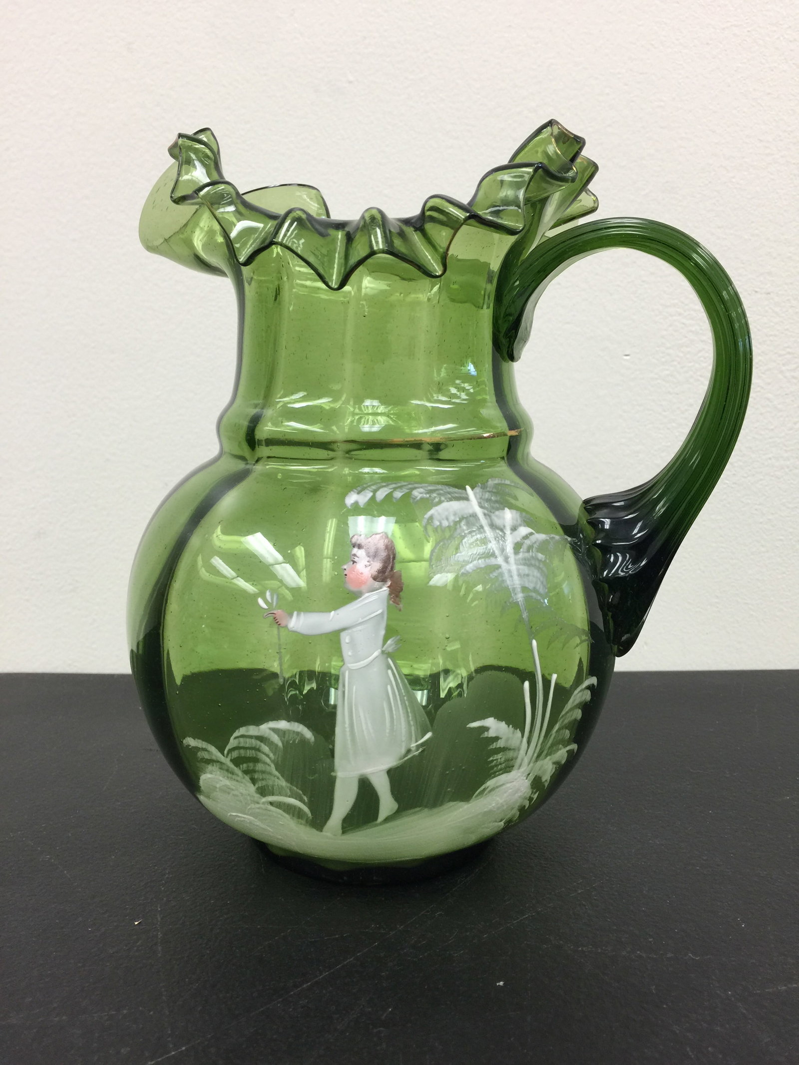 Mary Gregory Pitcher: green glass, 9 1/2" x 7"