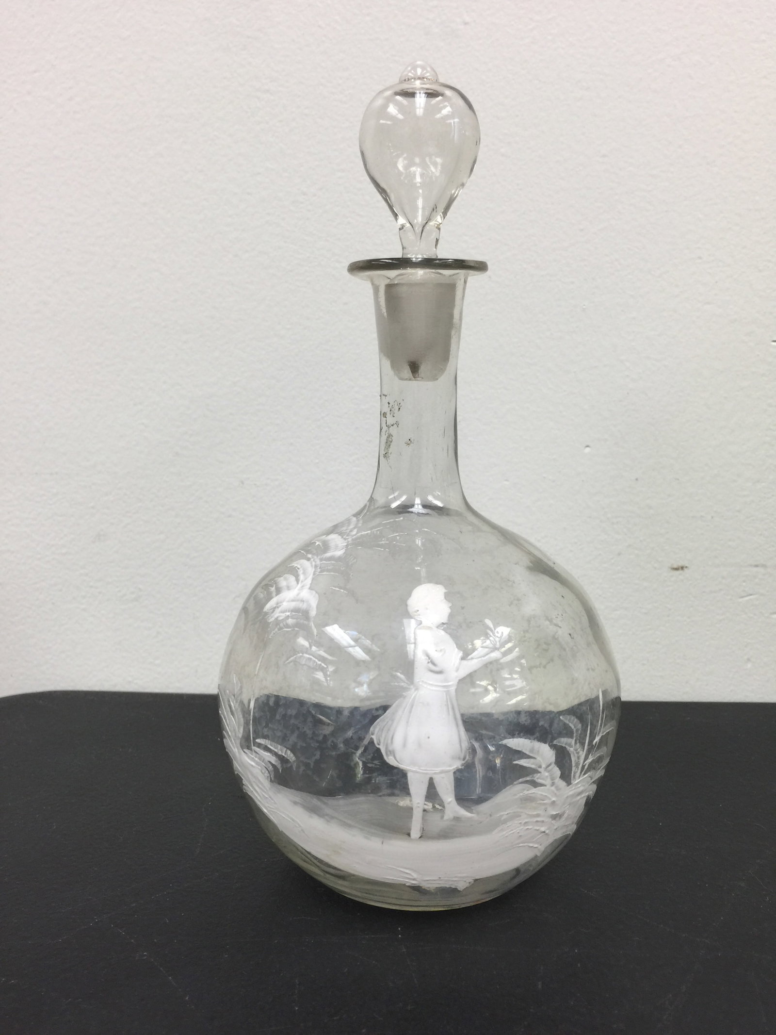 Mary Gregory Decanter: clear glass, 9" x 4"