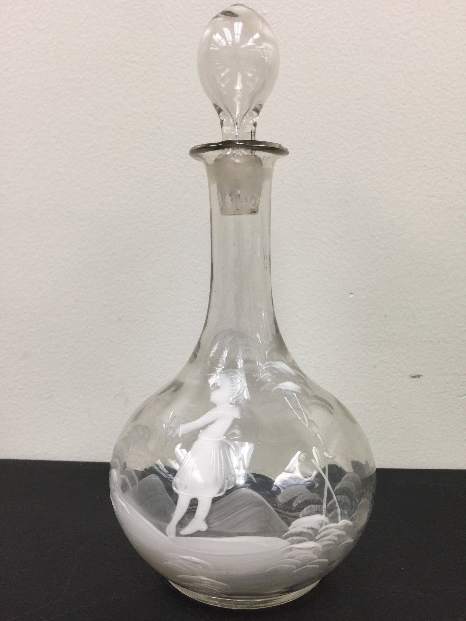 Mary Gregory Decanter: clear glass, 10" x 4 1/2"