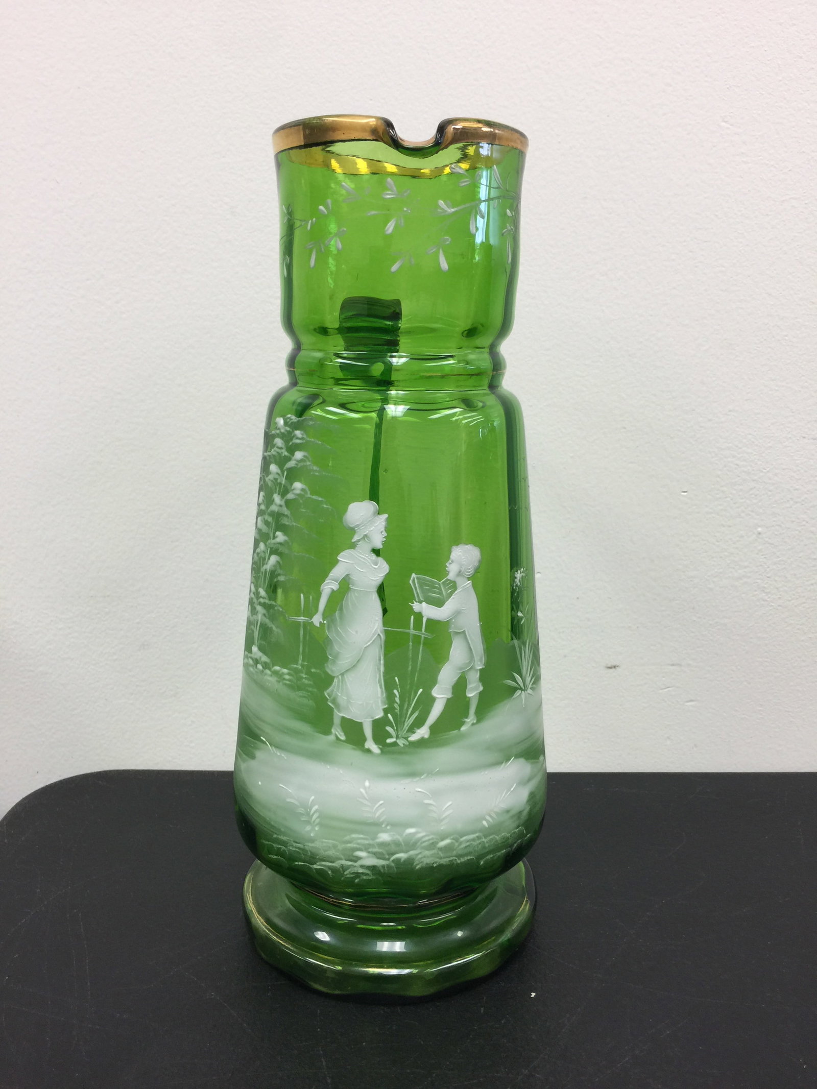 Mary Gregory Pitcher: green glass, 12" x 5"
