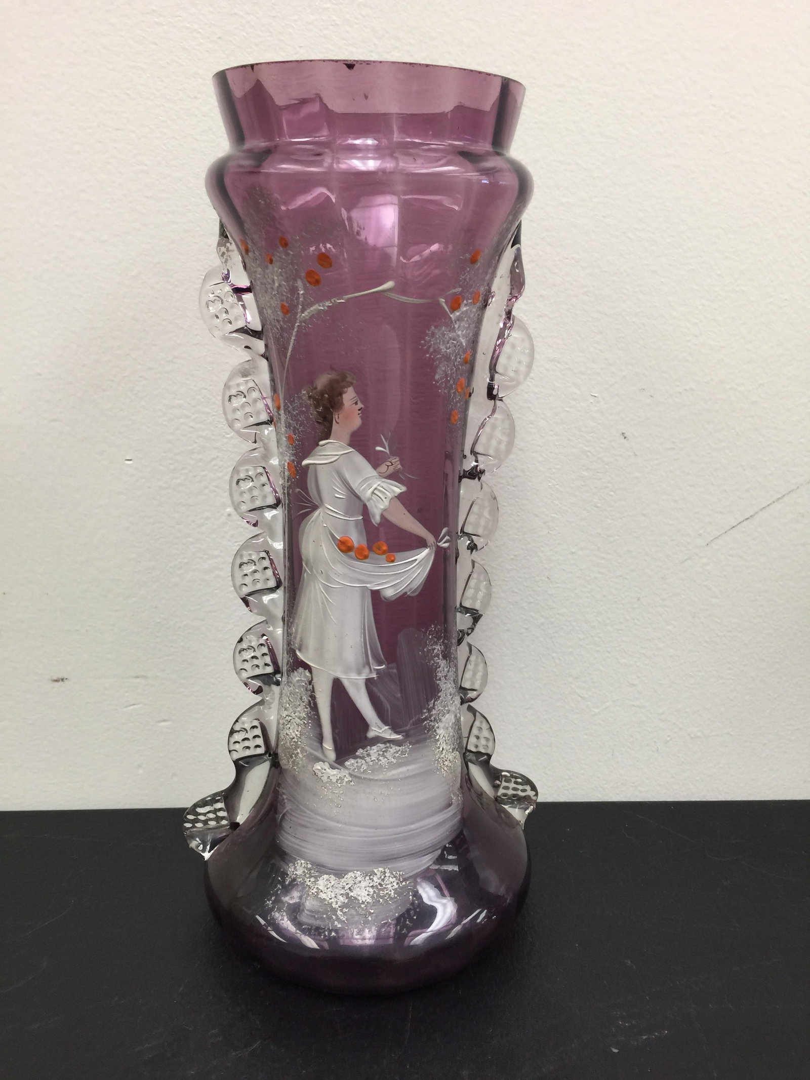 Mary Gregory Vase: amethyst glass, 11" x 5", has rigaree applied sides