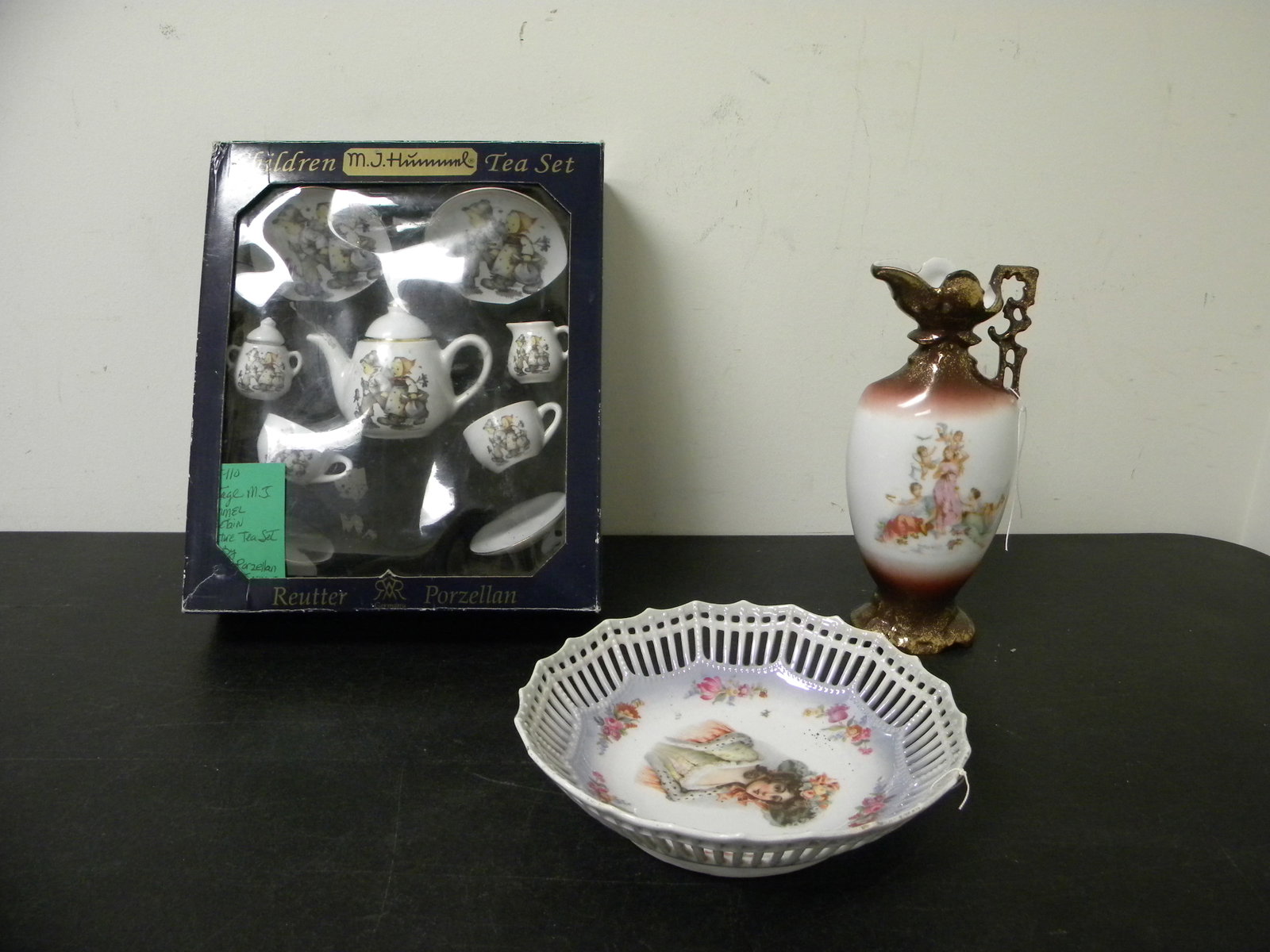 China Lot: carlsbad portrait vase, china portrait bowl and hummel tea set.