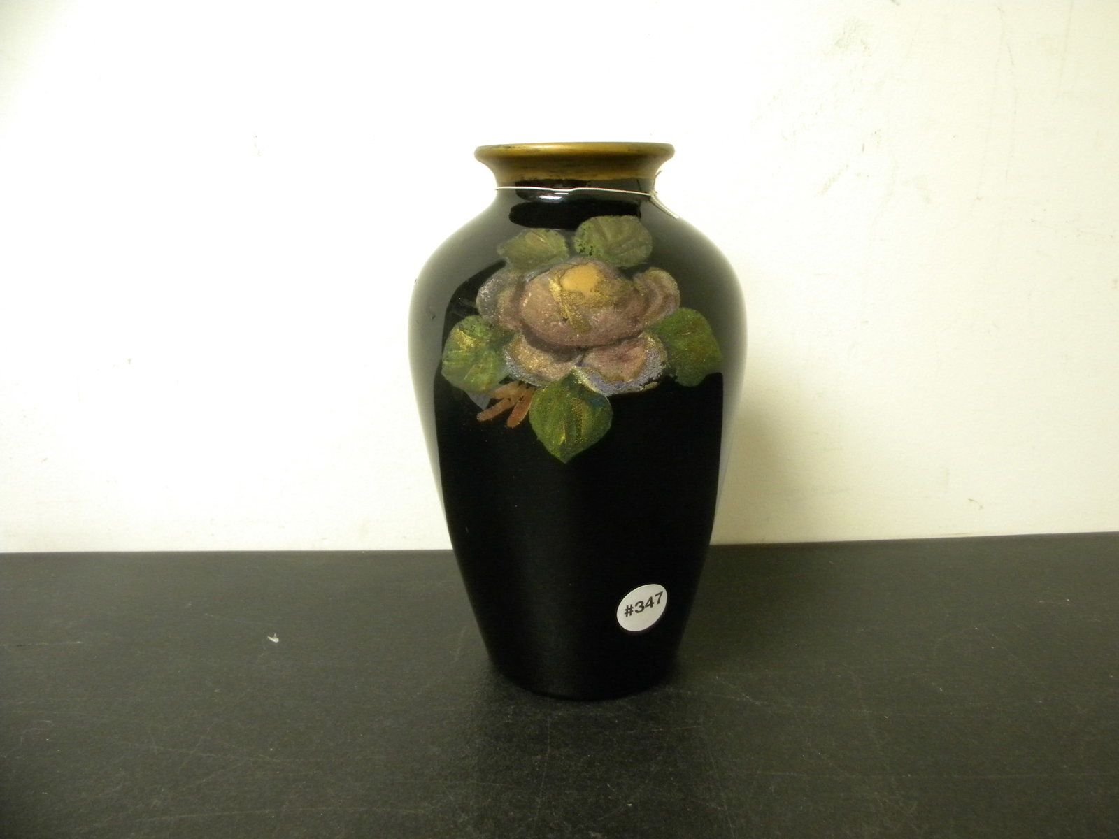 Tiffin Style Art Glass Vase: brass top, floral decoration, 10"H.