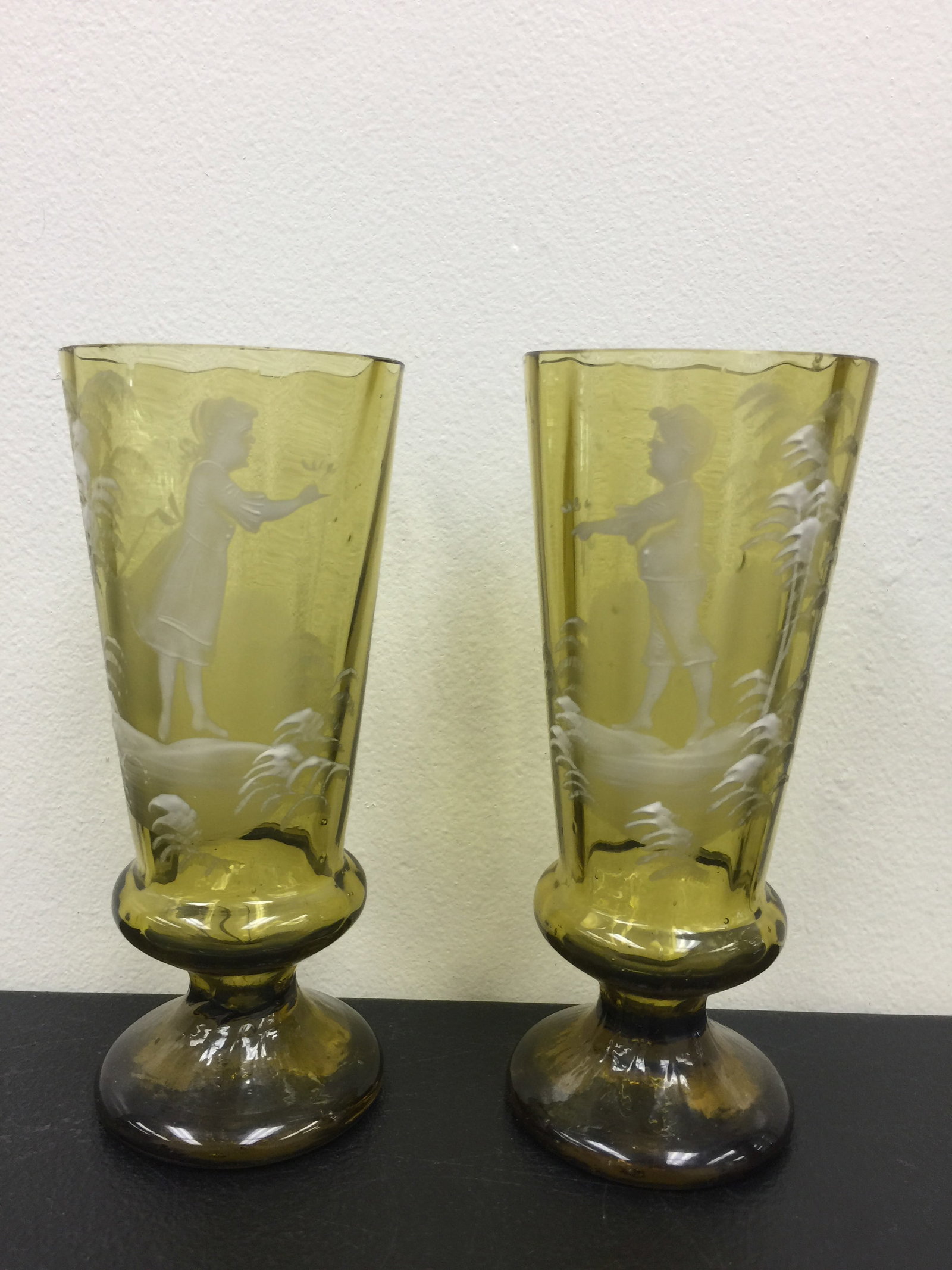 Pair of Mary Gregory Glass Vases: amber glass, larger is 6 1/2" x 3"