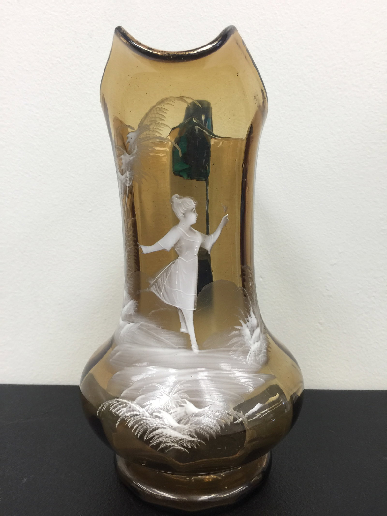 Mary Gregory Glass Pitcher: amber glass, has turquoise handle, 11" x 7"