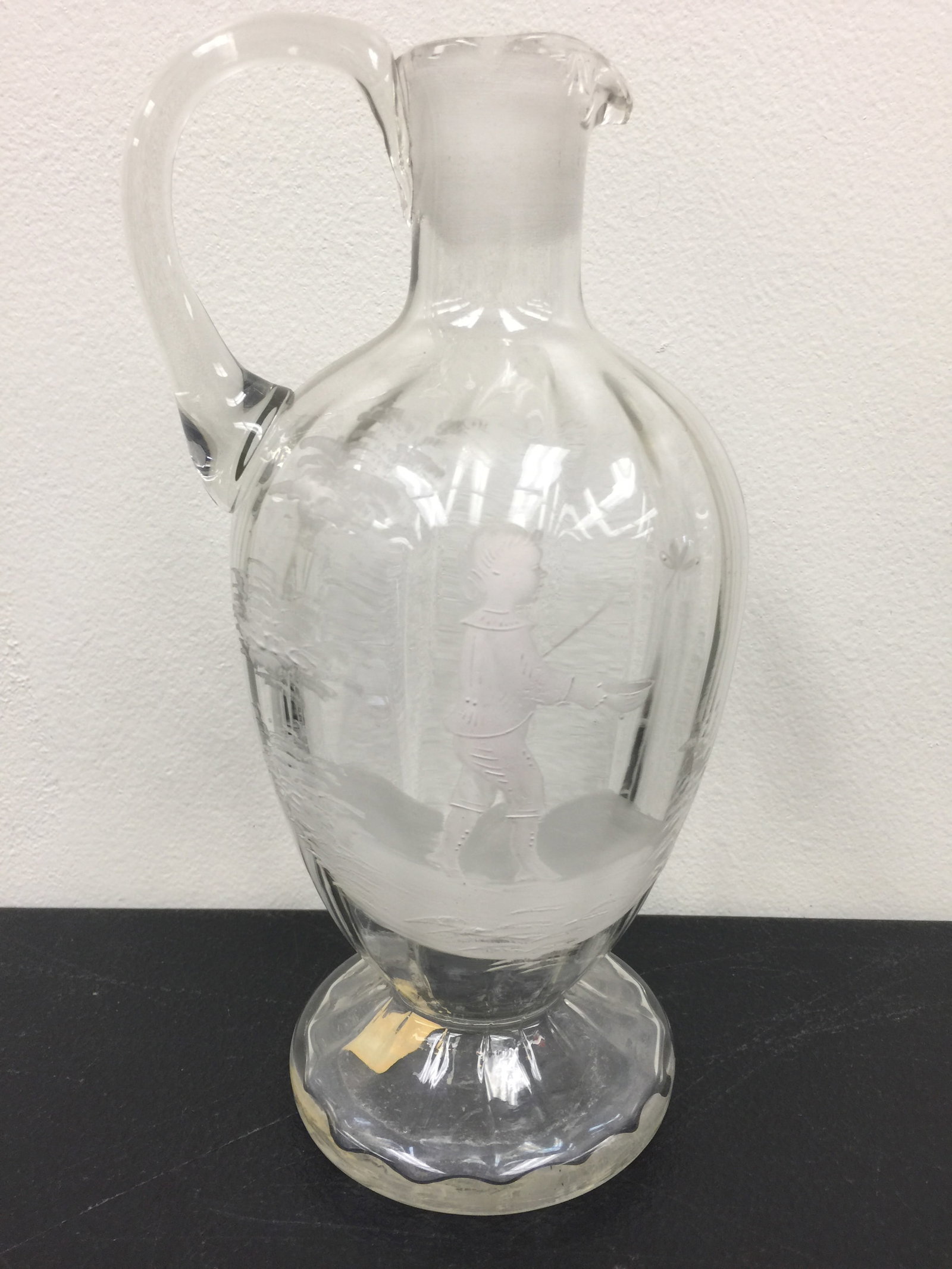 Mary Gregory Pitcher: clear glass, 9" x 4"
