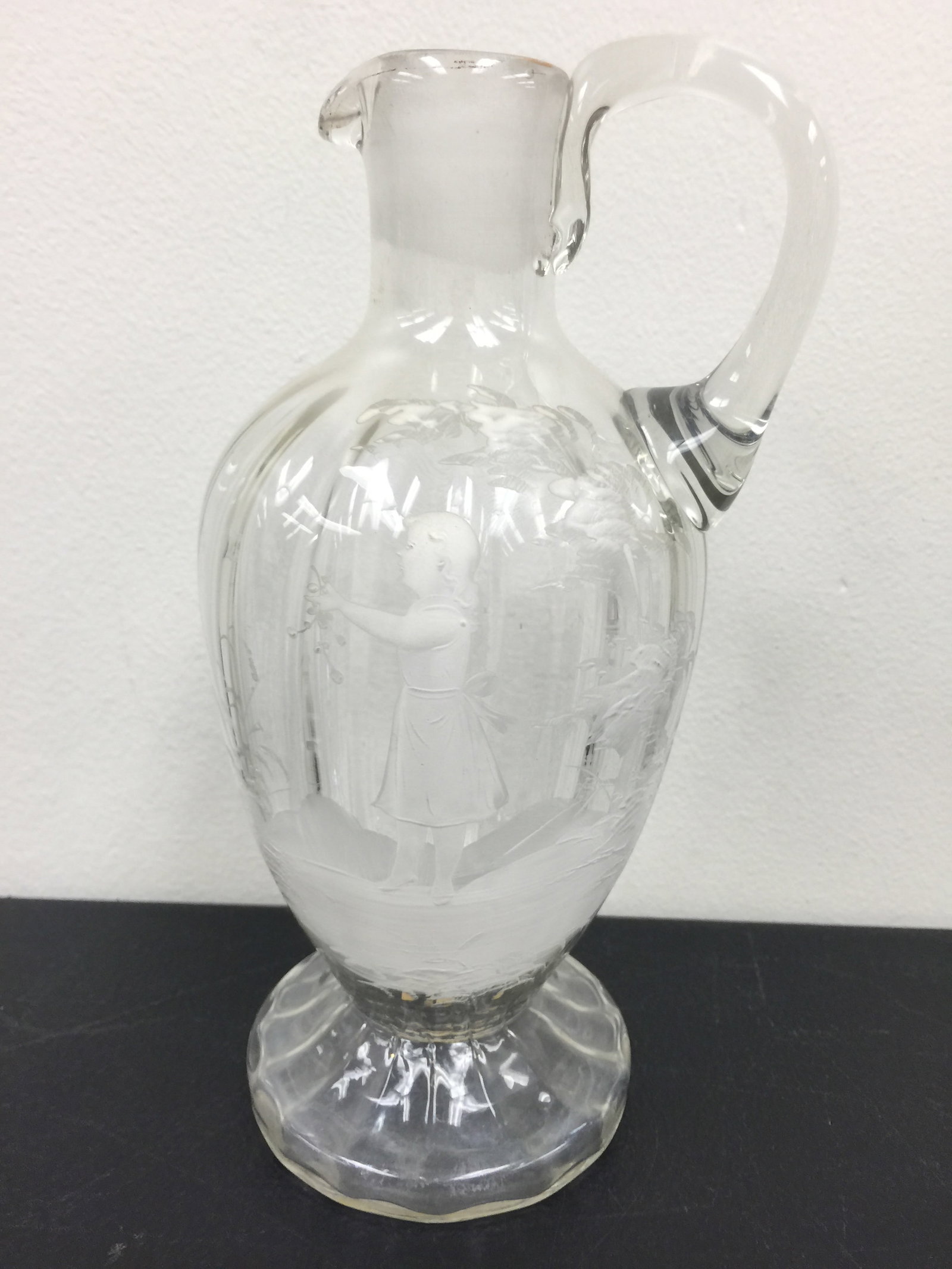 Mary Gregory Pitcher: clear glass, 9" x 4"