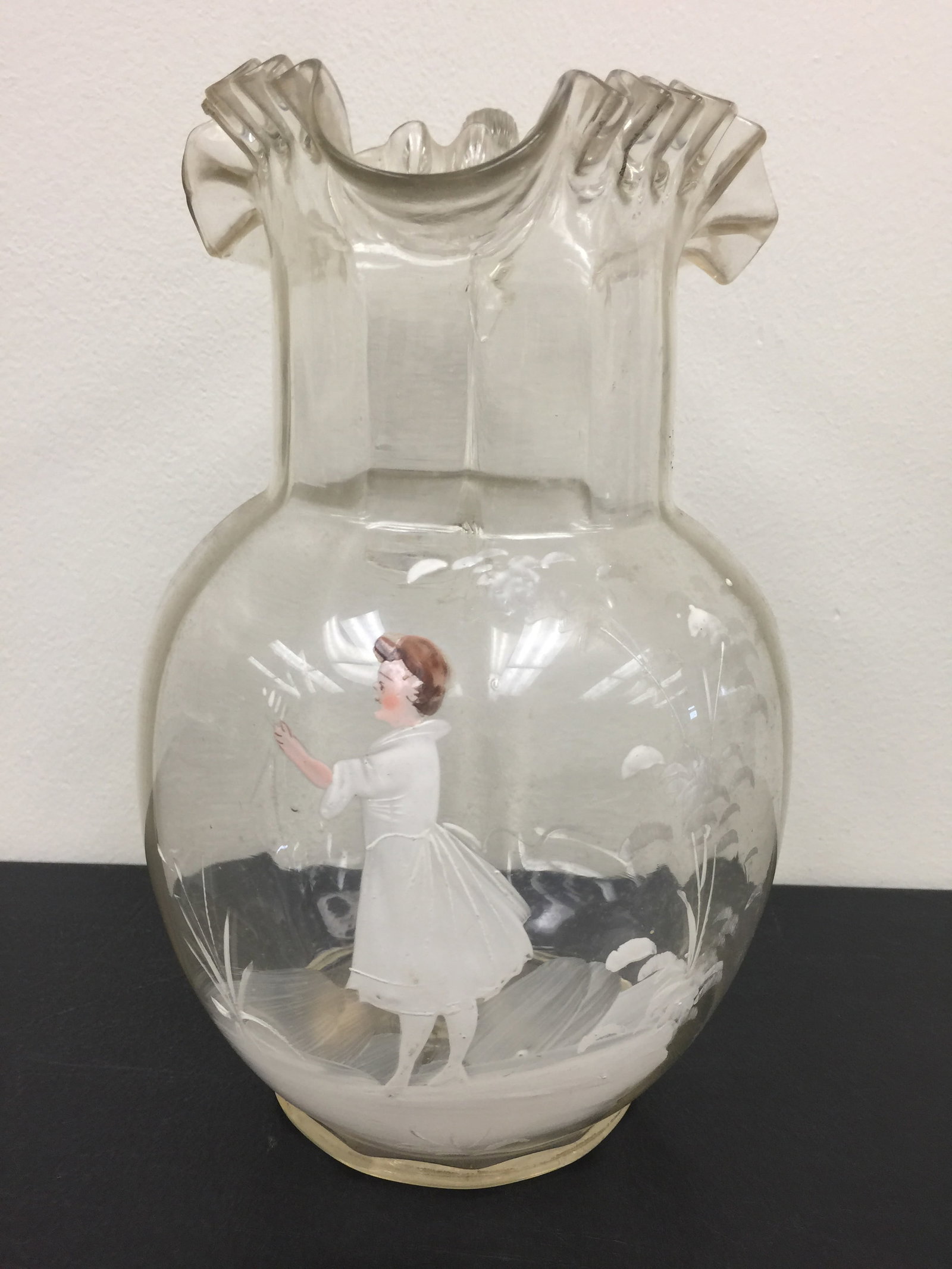 Mary Gregory Pitcher: clear glass, 10" x 7"